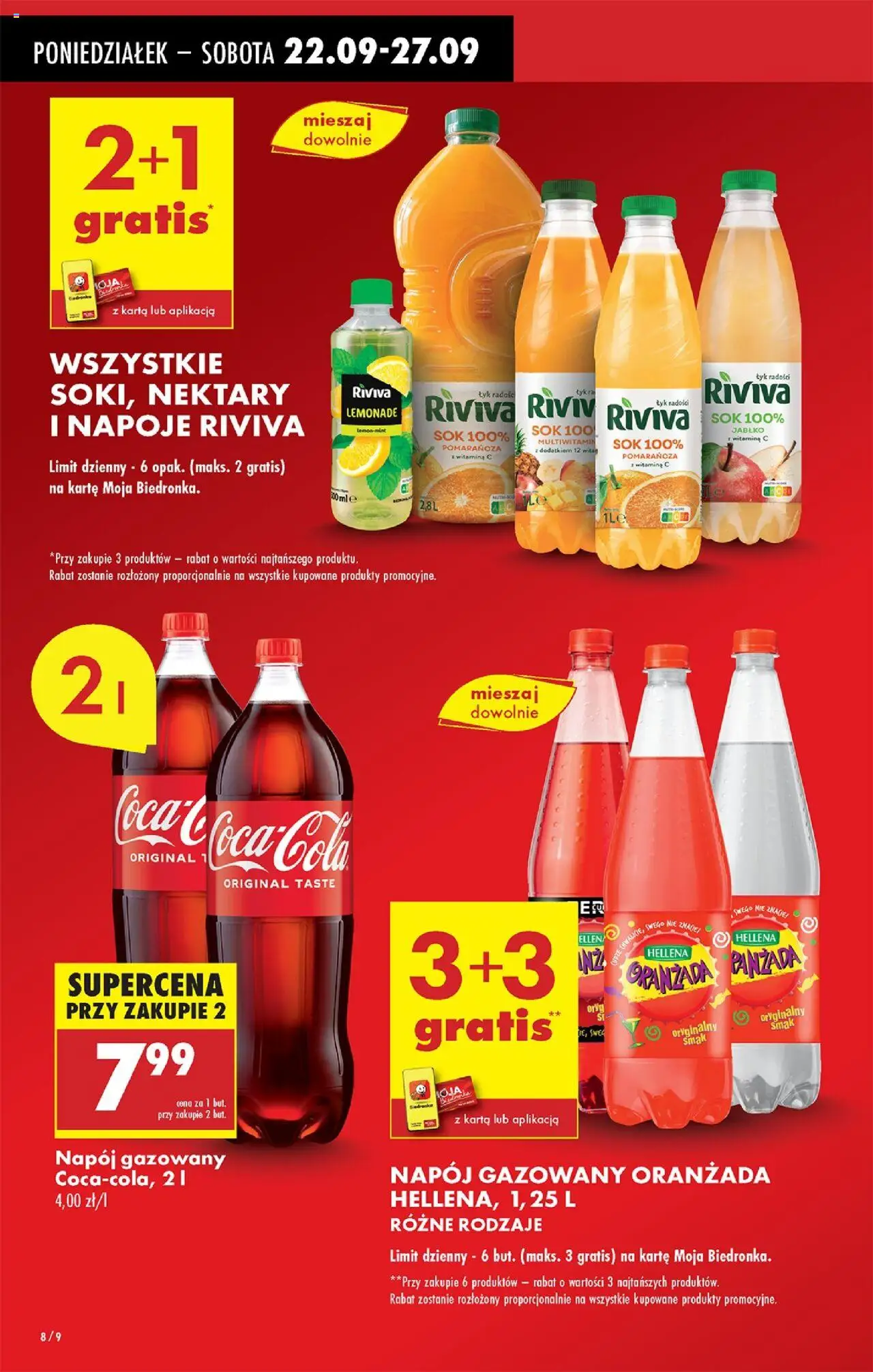 Biedronka gazetka od 22.09.2025 | Strona: 8 | Produkty: Karta, Napoje, Oranżada hellena, Sok