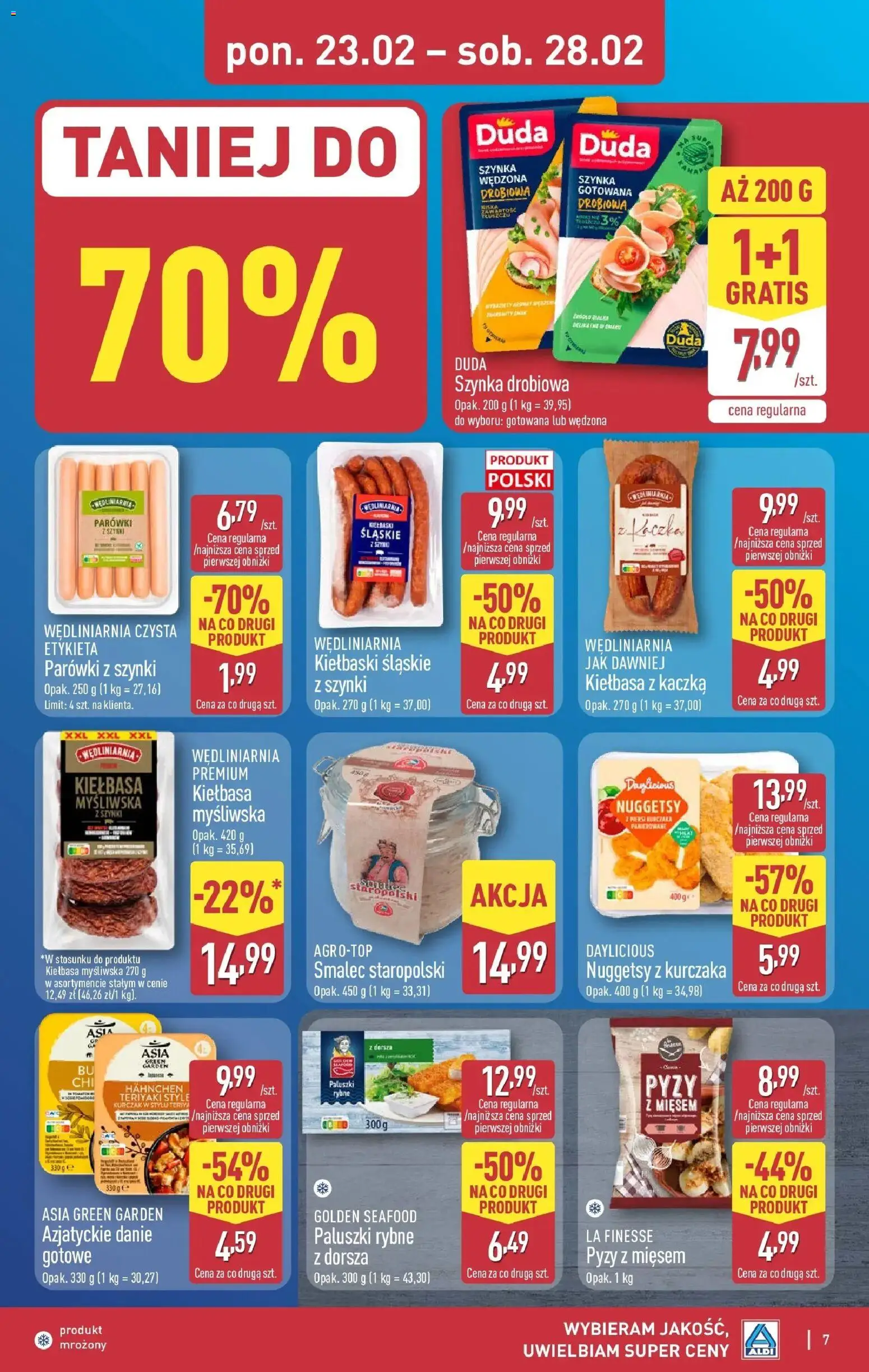Aldi Gazetka od 23.02.2026 | Strona: 7 | Produkty: Kurczak, Myśliwska, Szynka, Paluszki rybne