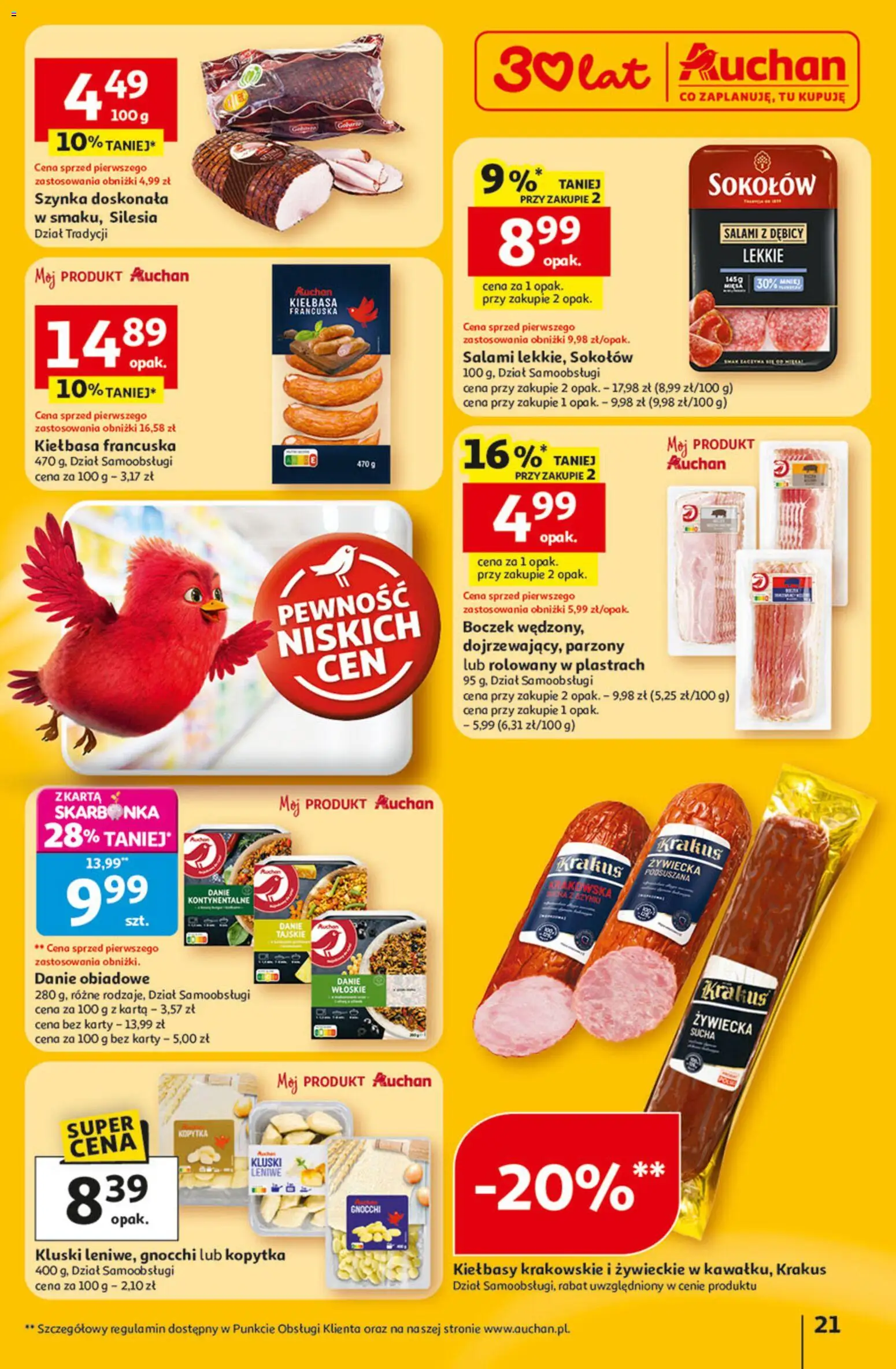 Auchan Gazetka - 30 Lat Hipermarket od 22.01.2026 | Strona: 21 | Produkty: Boczek, Salami, Gnocchi, Kopytka