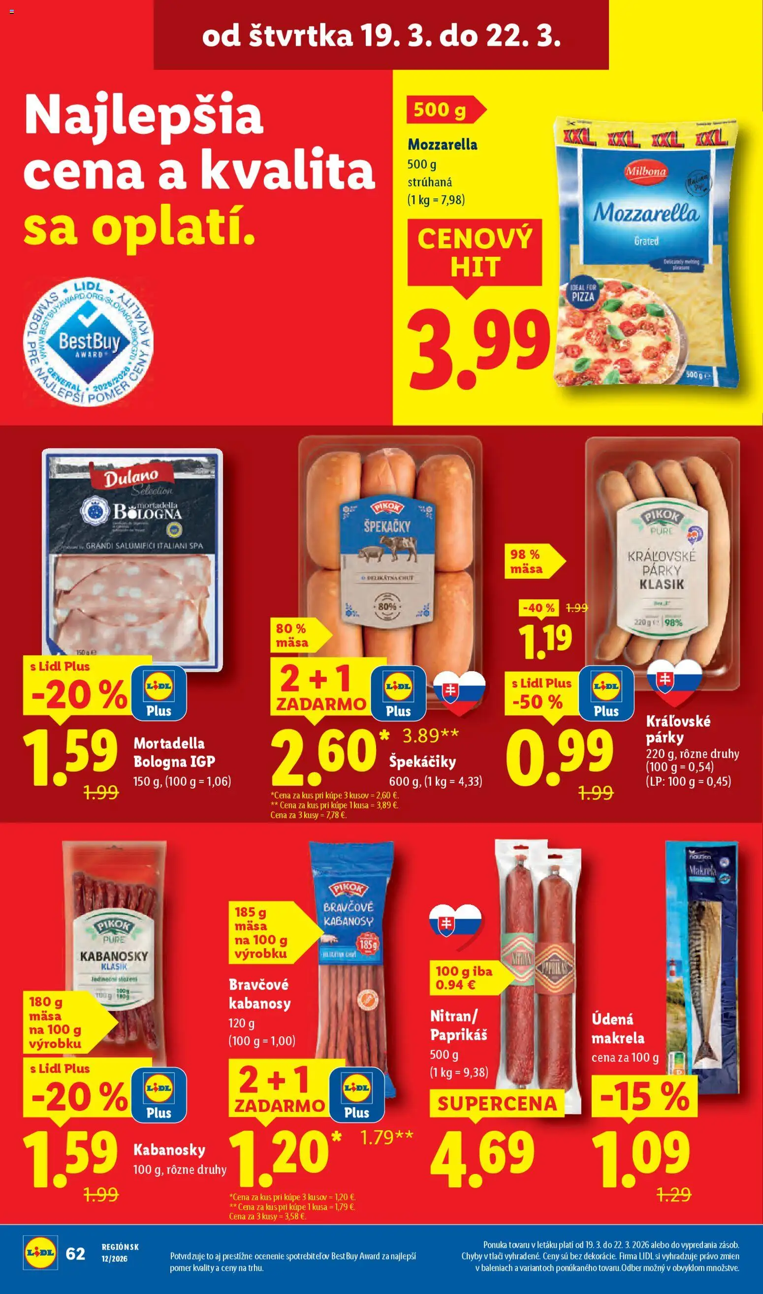 Nové Lidl akcie – leták je platný od 19.03.2026 | Strana: 15 | Produkty: Pizza, Mozzarella, Párky