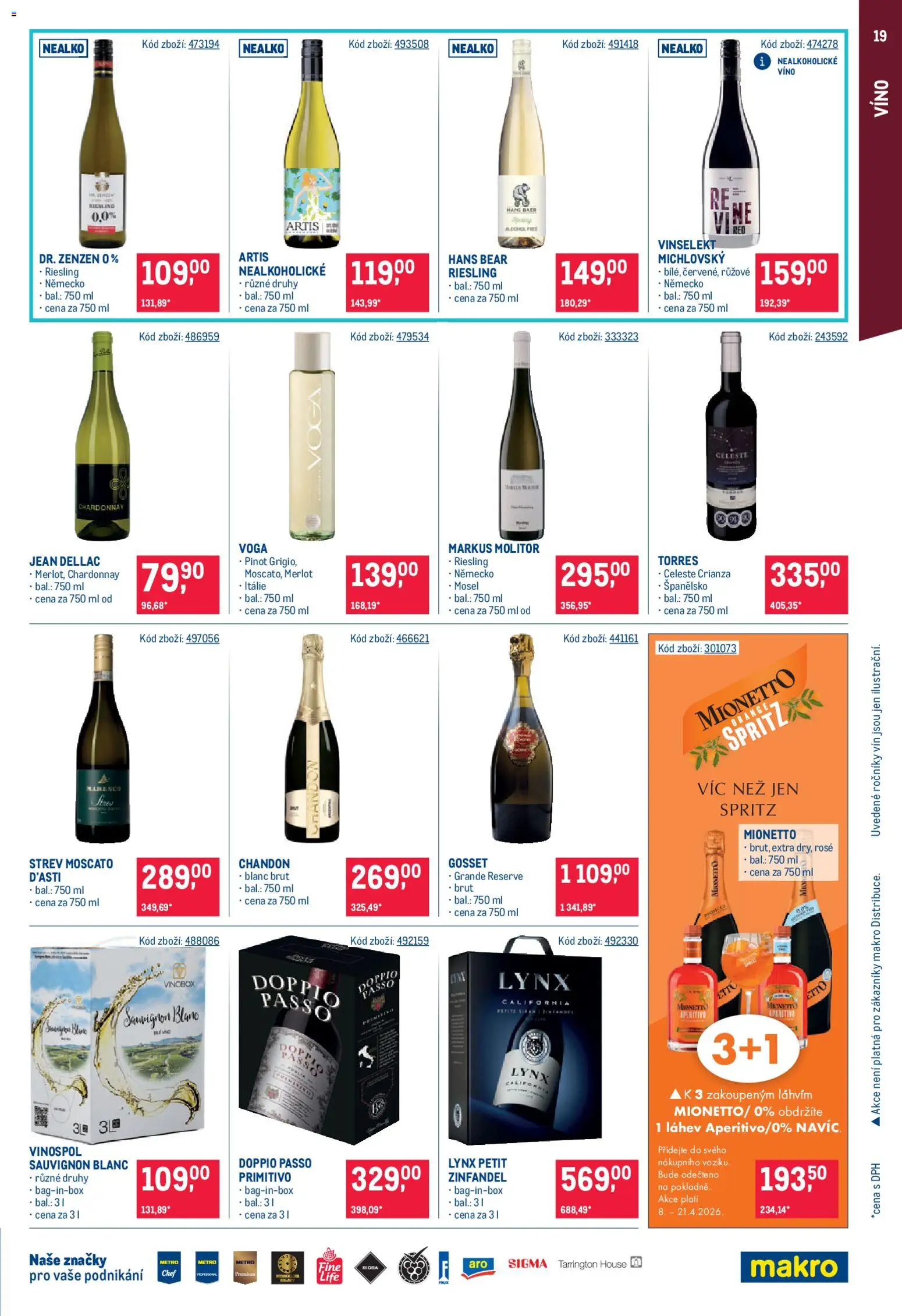 Makro leták - Gastronomie od 08.04.2026 | Strana: 19 | Produkty: Mionetto, Primitivo, Nealkoholické víno, Láhev