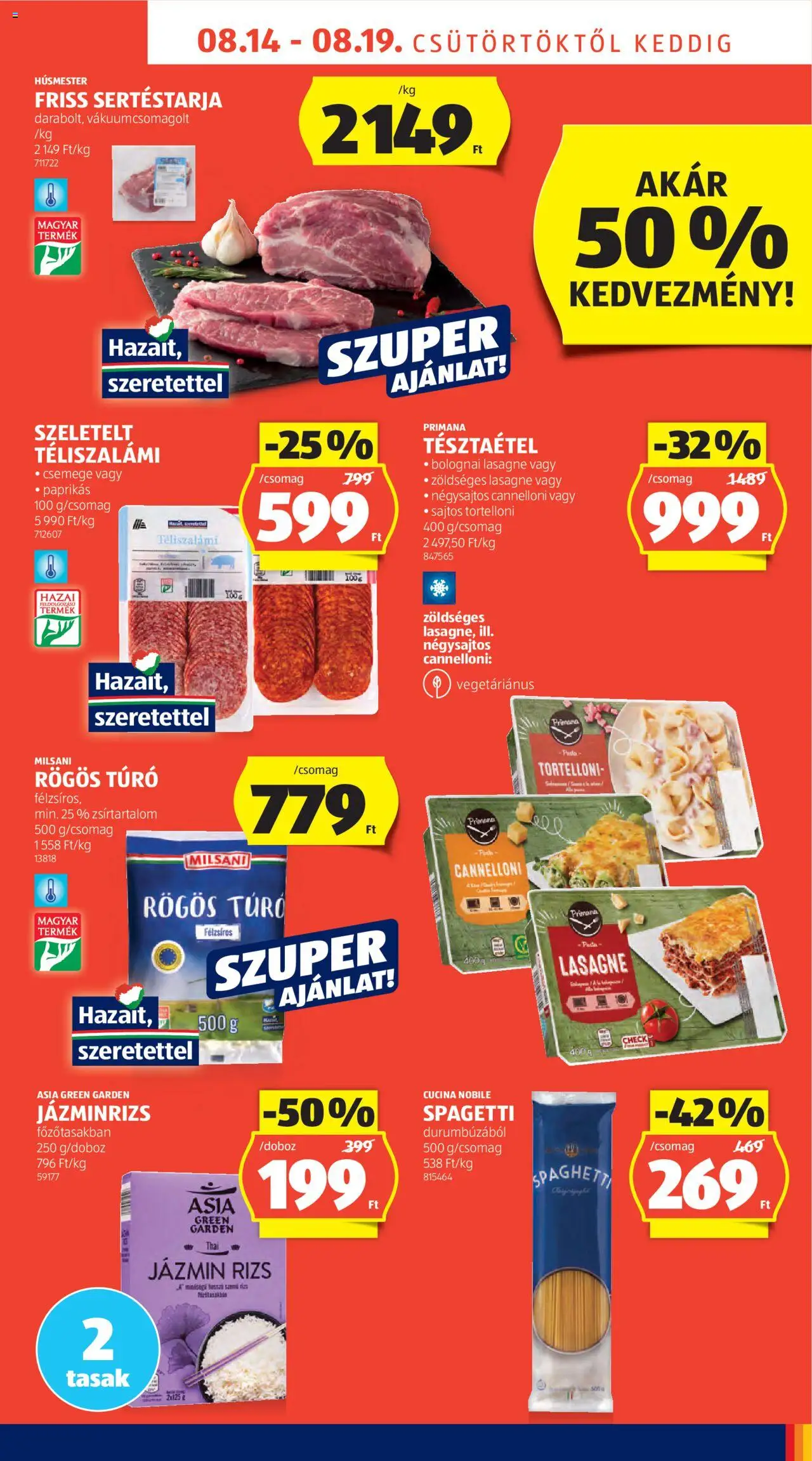 Aldi akciós ujság - amely érvényes a következő dátumtól: 14.08.2025 | Oldal: 7 | Termékek: Spagetti, Jázmin rizs, Cottage cheese, Rögös túró