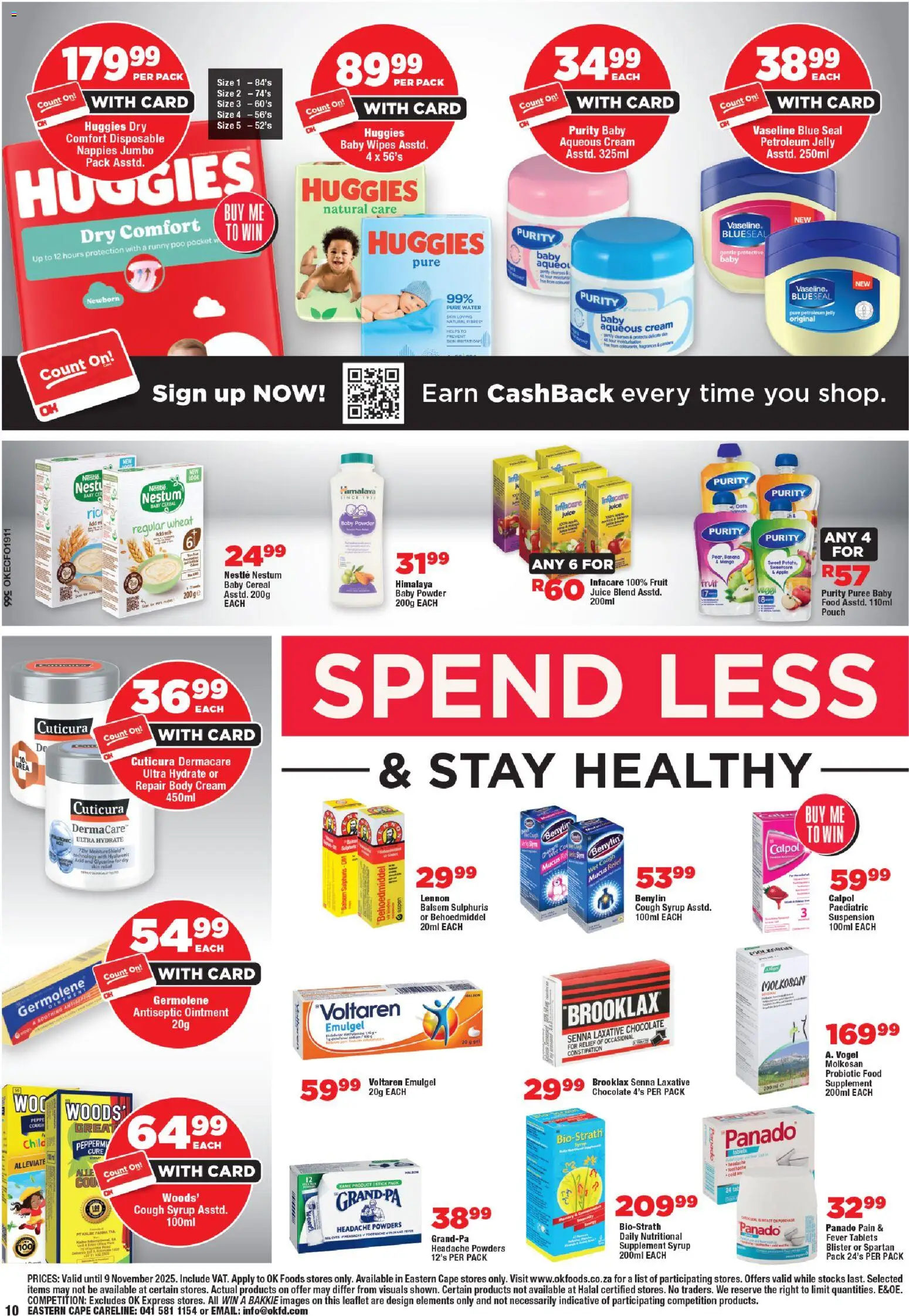 New OK Foods catalogue – valid from 24.10.2025 | Page: 10 | Products: Cough syrup, Water, Fruit, Nappies