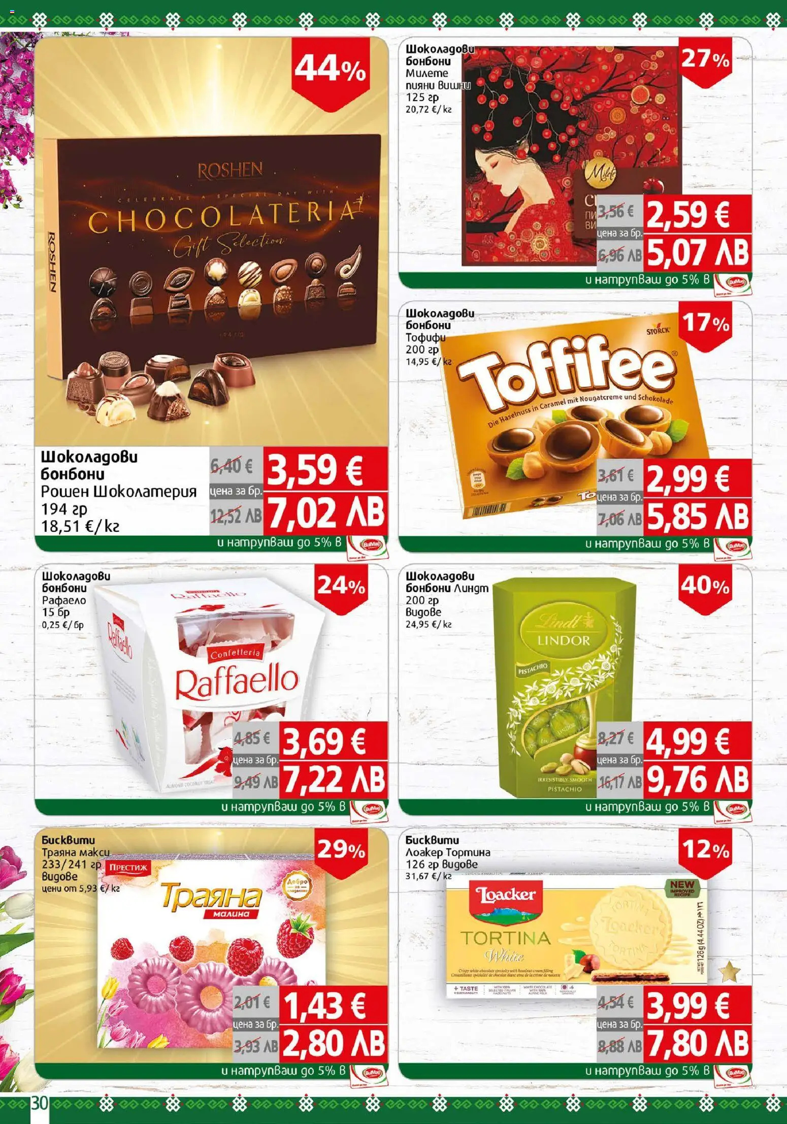 {H1} | Страница: 30 | Продукти: Бонбони, Вишни, Малина, Бисквити