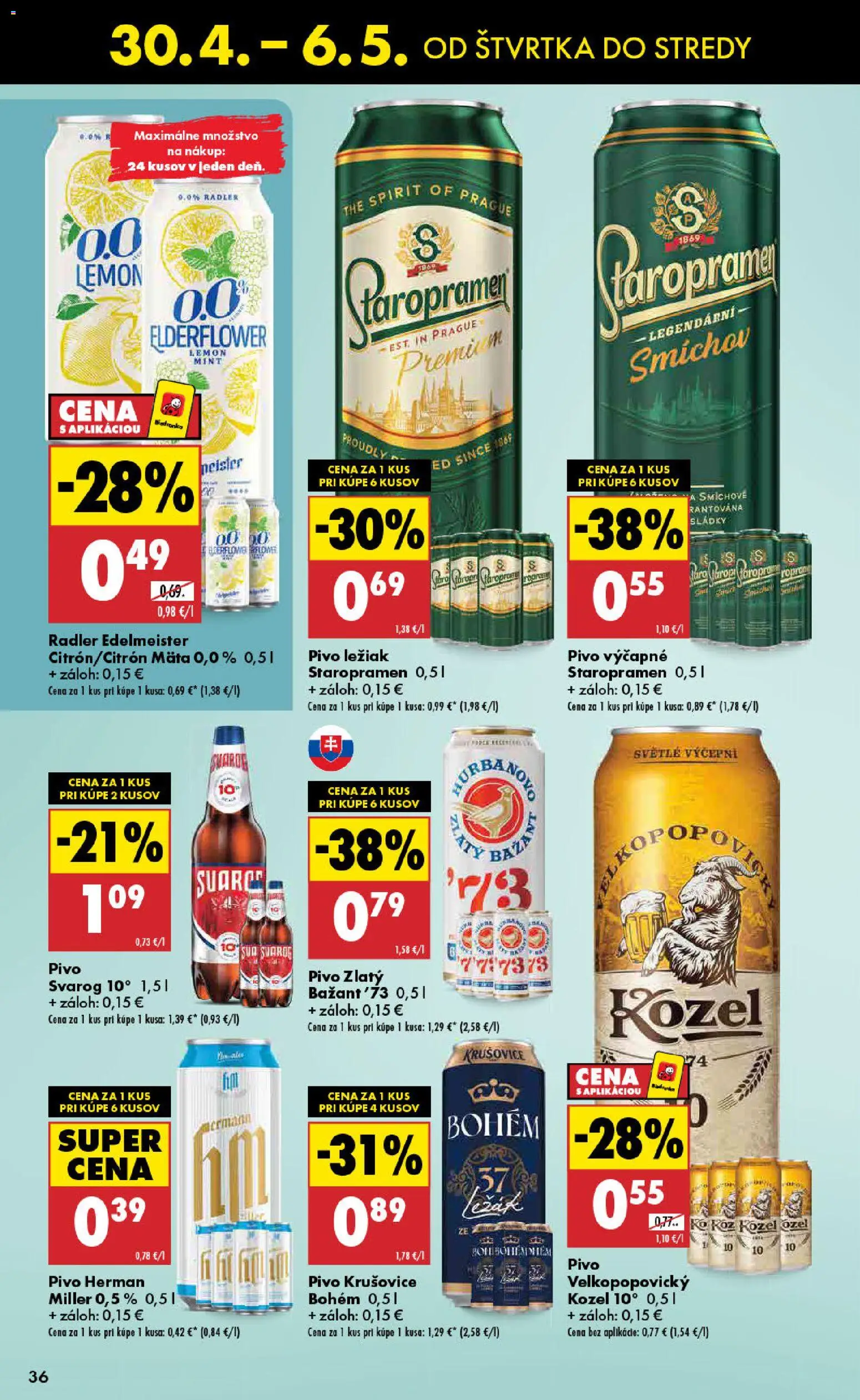Nové Biedronka akcie – leták je platný od 30.04.2026 | Strana: 36 | Produkty: Pivo, Radler, Krušovice, Staropramen