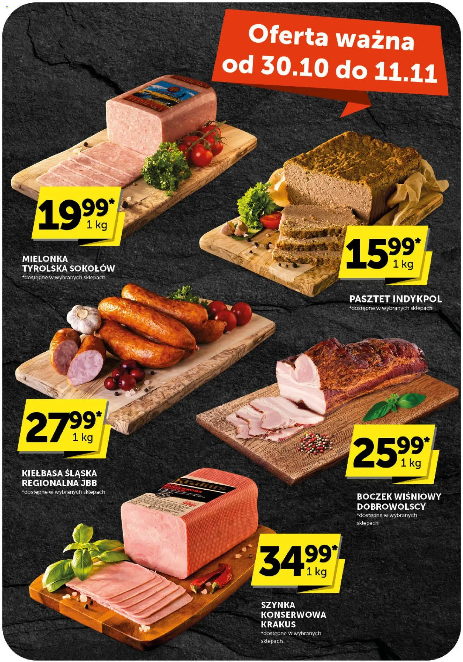 Groszek Gazetka od 30.10.2025 | Strona: 34 | Produkty: Mielonka tyrolska, Kiełbasa śląska, Boczek, Szynka konserwowa krakus