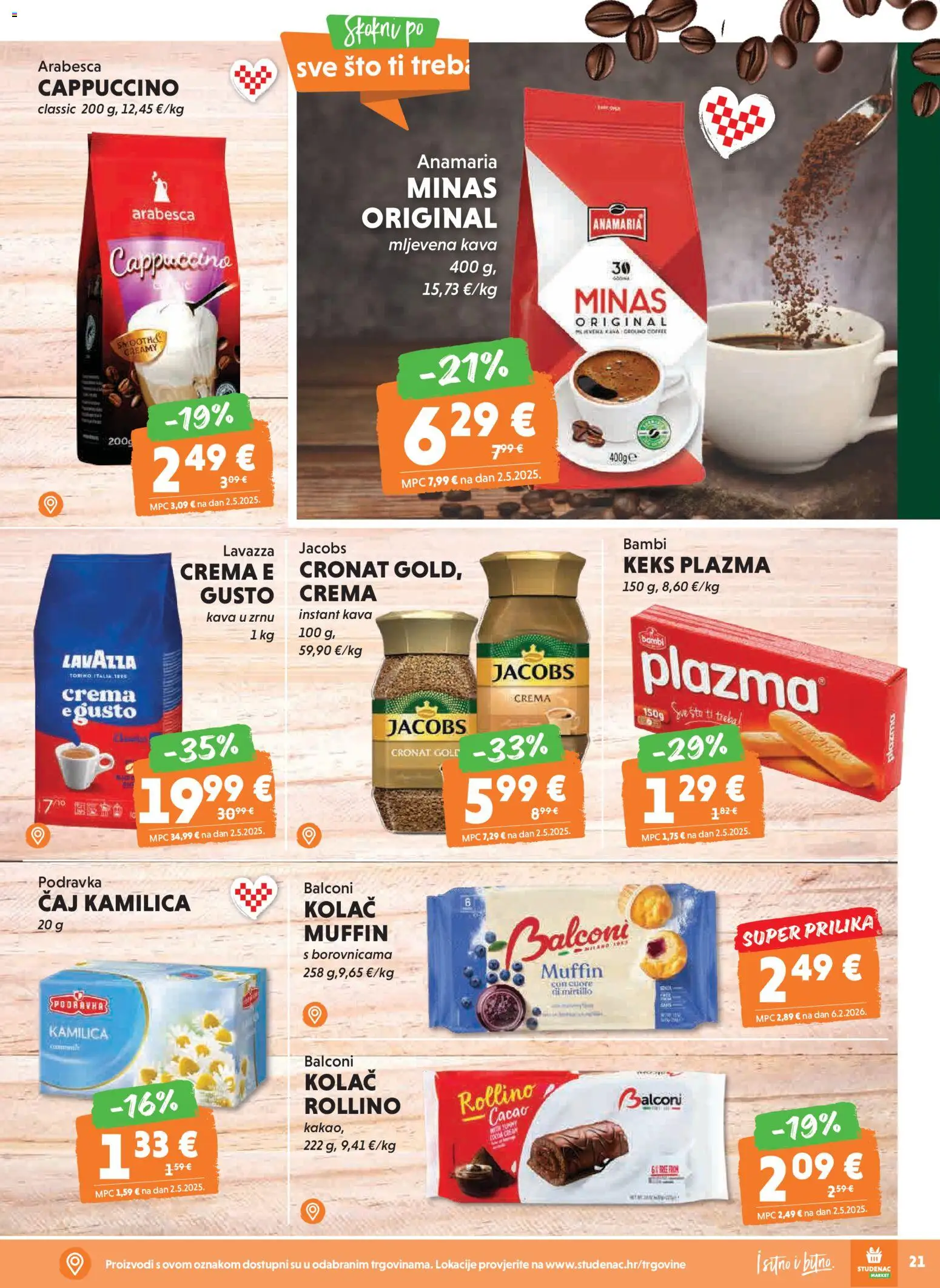 Studenac katalog | vrijedi od 25.02.2026 | Stranica: 21 | Proizvodi: Podravka, Arabesca, Jacobs, Cappuccino