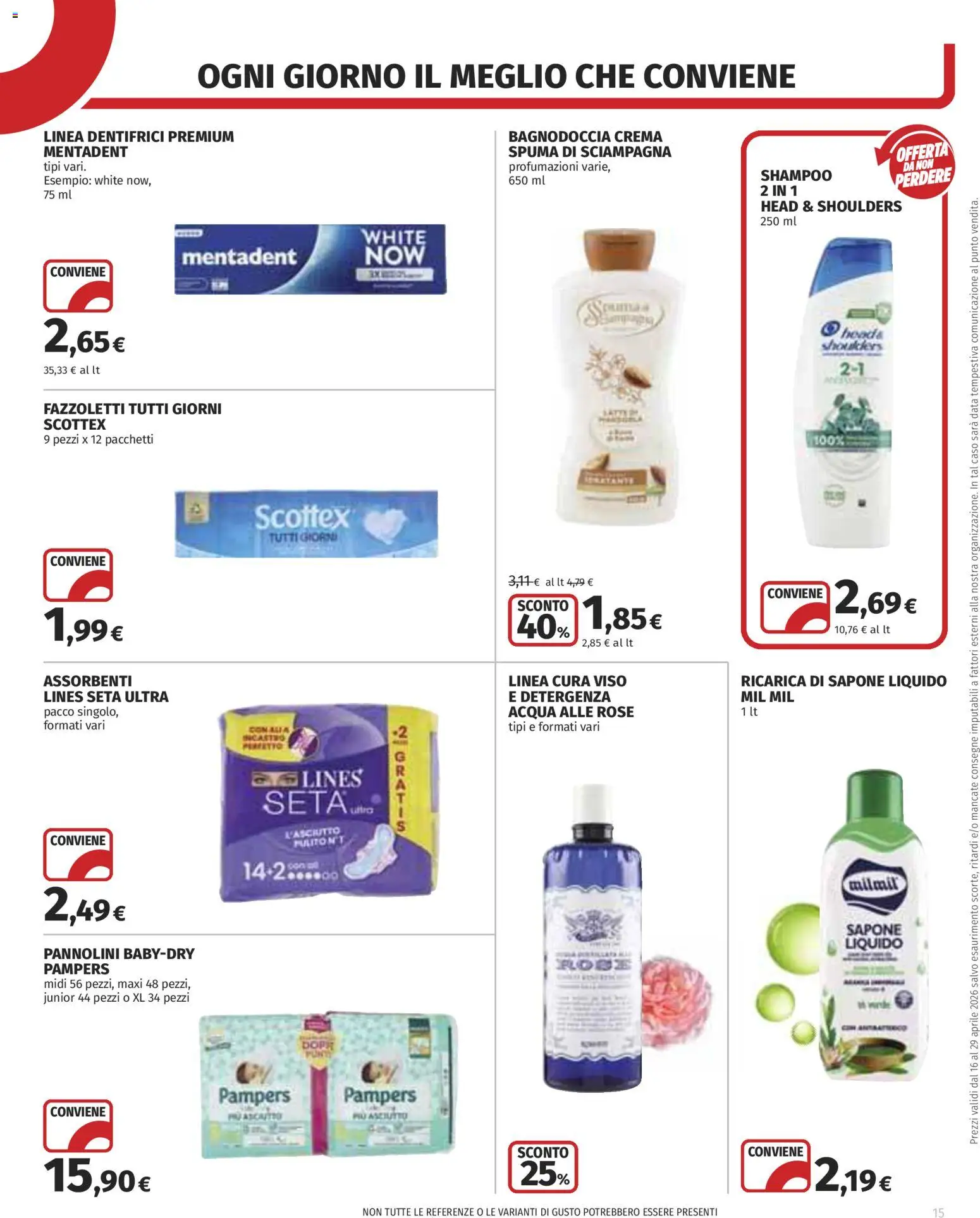 Volantino COOP del 16.04.2026 | Pagina: 15 | Prodotti: Shampoo, Pannolini, Acqua, Pampers