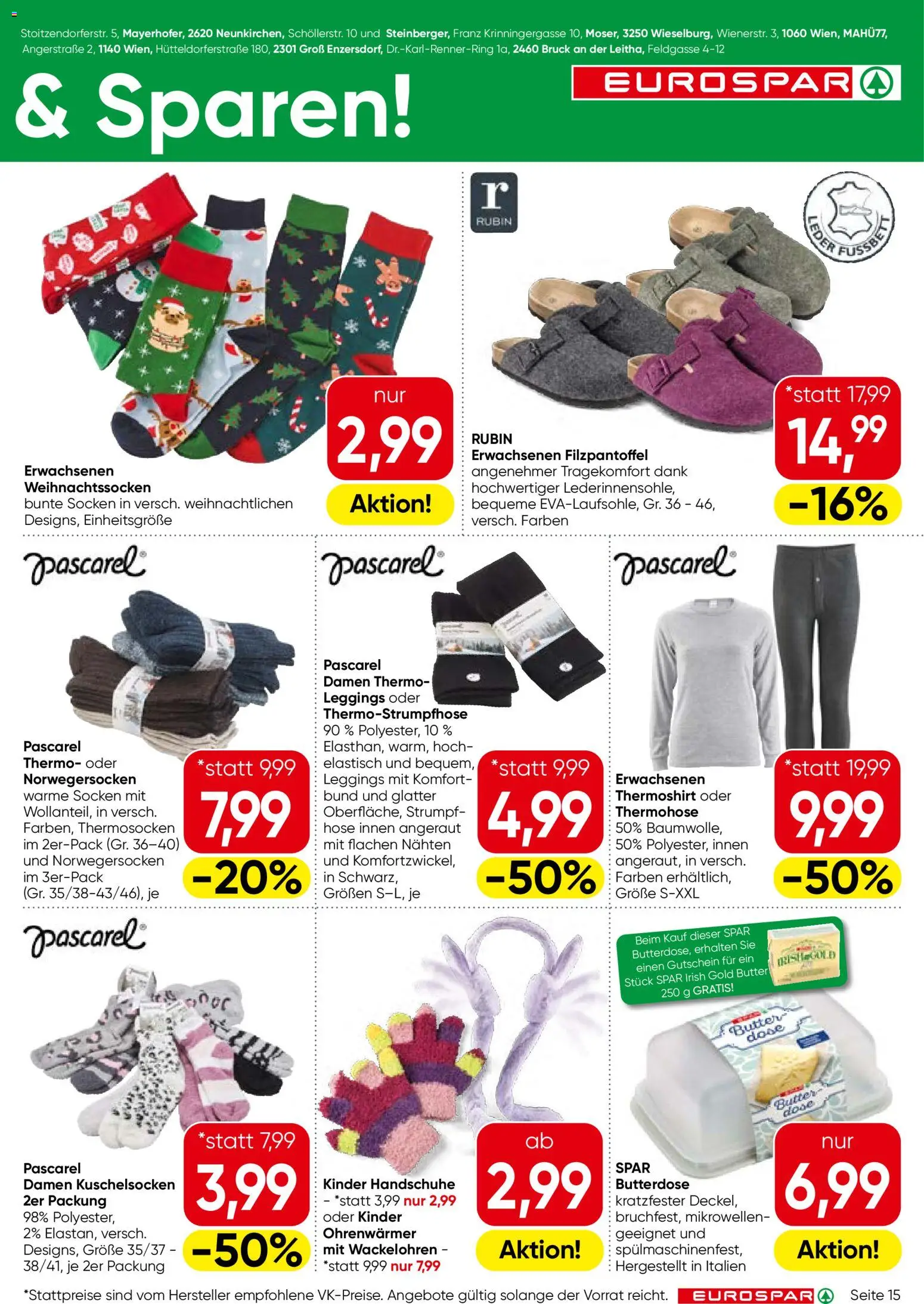 Eurospar Flugblatt - Wien gültig ab 06.11.2025 | Seite: 15 | Produkte: Hose, Socken, Handschuhe, Butter