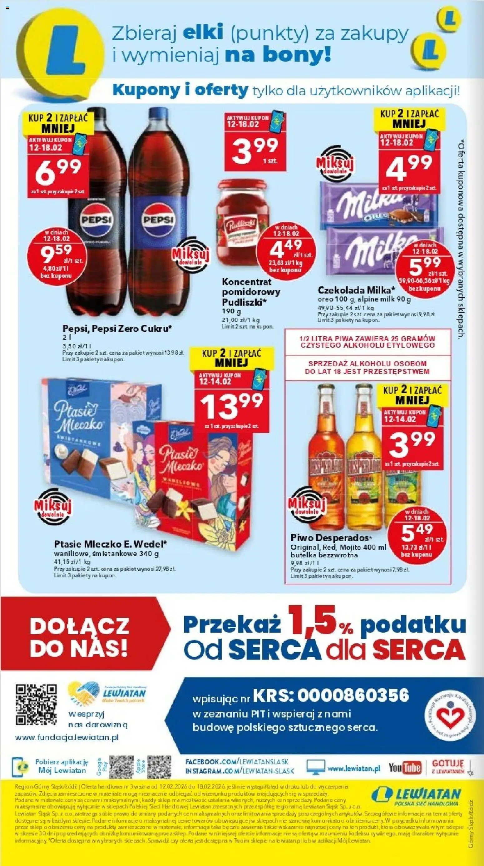 Lewiatan gazetka - Katowice od 12.02.2026 | Strona: 16 | Produkty: Pepsi, Ptasie mleczko, Czekolada, Piwo