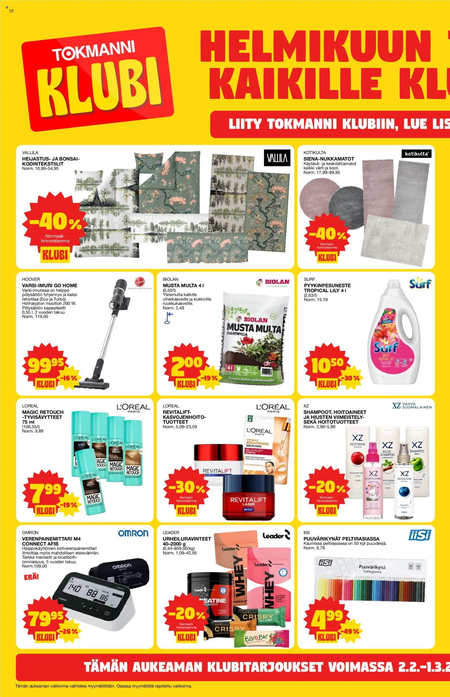 Tokmanni tarjoukset – voimassa 02.02.2026 alkaen | Sivu: 12 | Tuotteet: Varsi-imuri, Shampoo, Hoitoaine, Multa