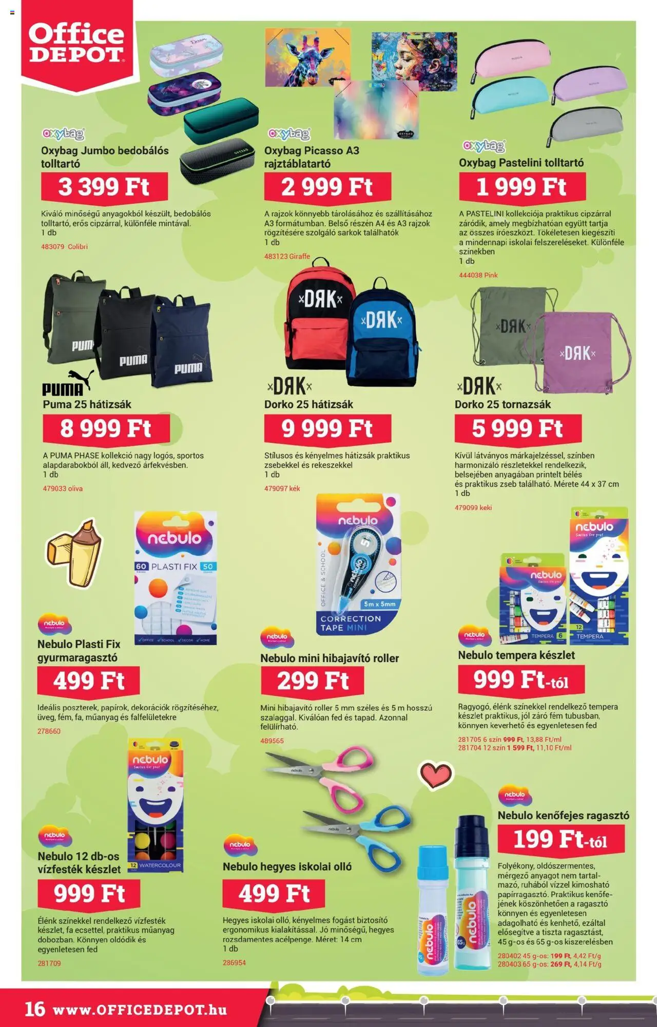 Office Depot akciós ujság - amely érvényes a következő dátumtól: 12.08.2025 | Oldal: 16 | Termékek: Hátizsák, Ragasztó, Roller, Tolltartó