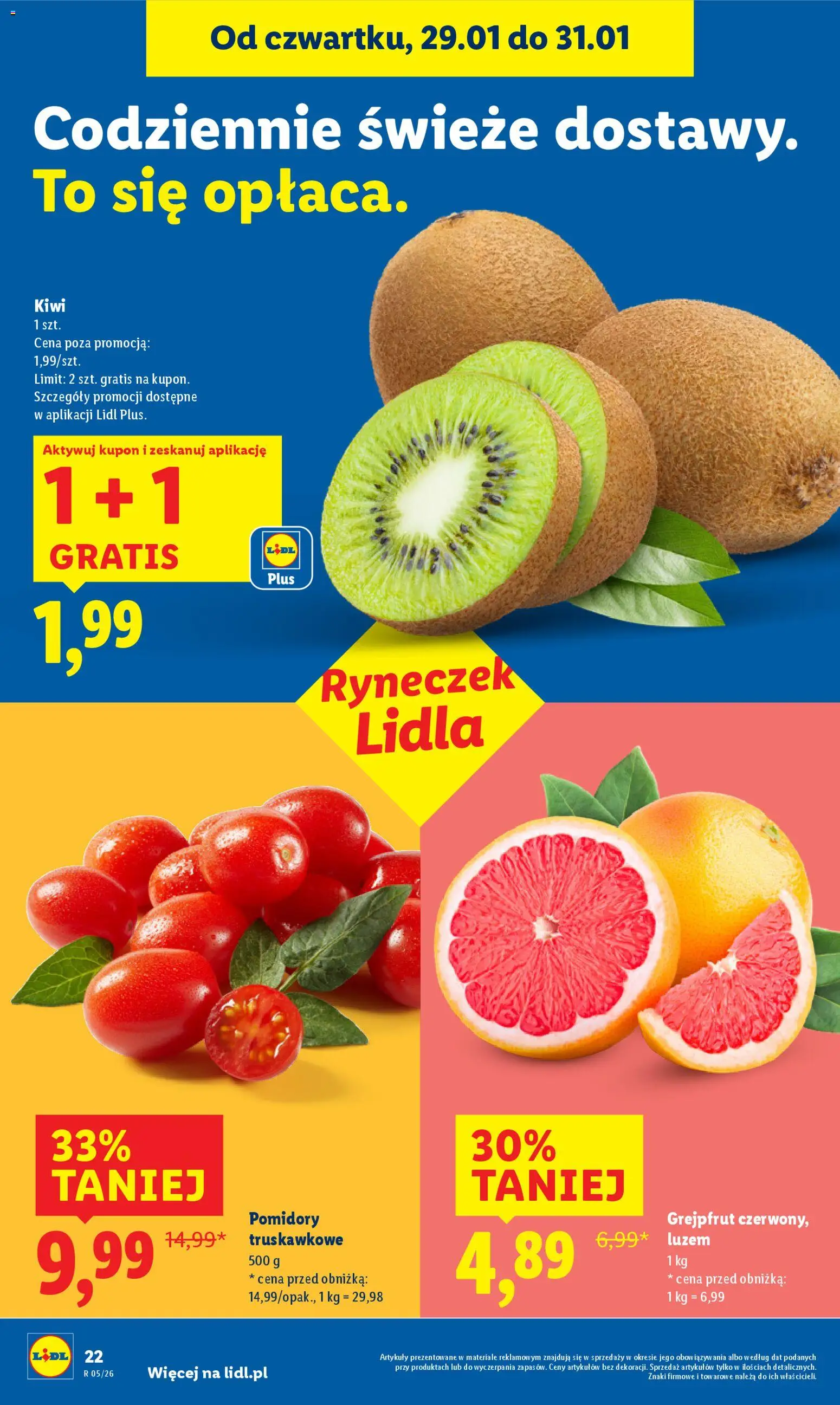 Lidl Gazetka od 29.01.2026 | Strona: 22 | Produkty: Pomidory, Kiwi, Grejpfrut