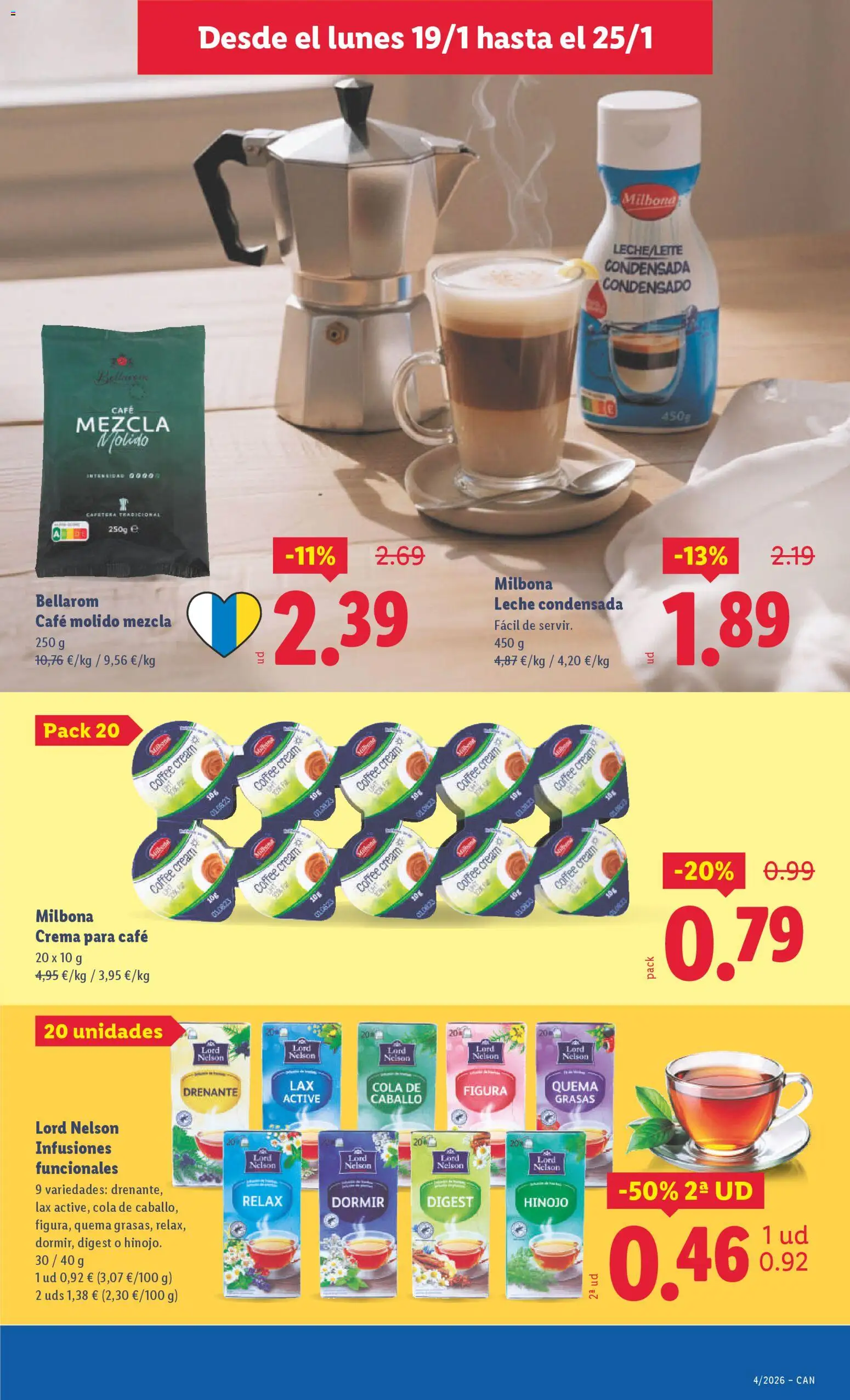 Lidl - Canarias │ válido desde el 19.01.2026 | Página: 15 | Productos: Leche, Café, Φαρίνα, Crema