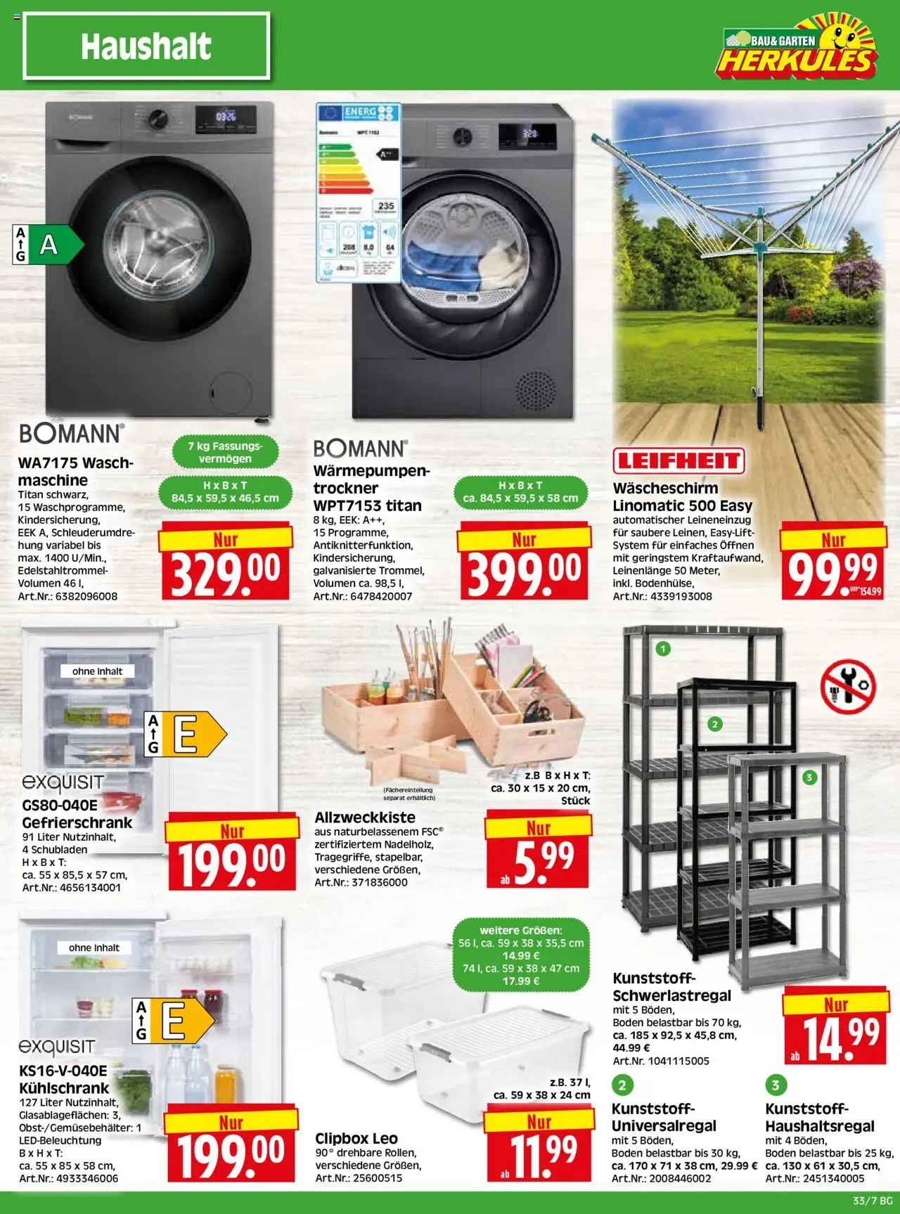 HERKULES - Bau & Garten - gültig ab dem 11.08.2025 | Seite: 7 | Produkte: Gefrierschrank, Trockner, Kühlschrank, Schwerlastregal
