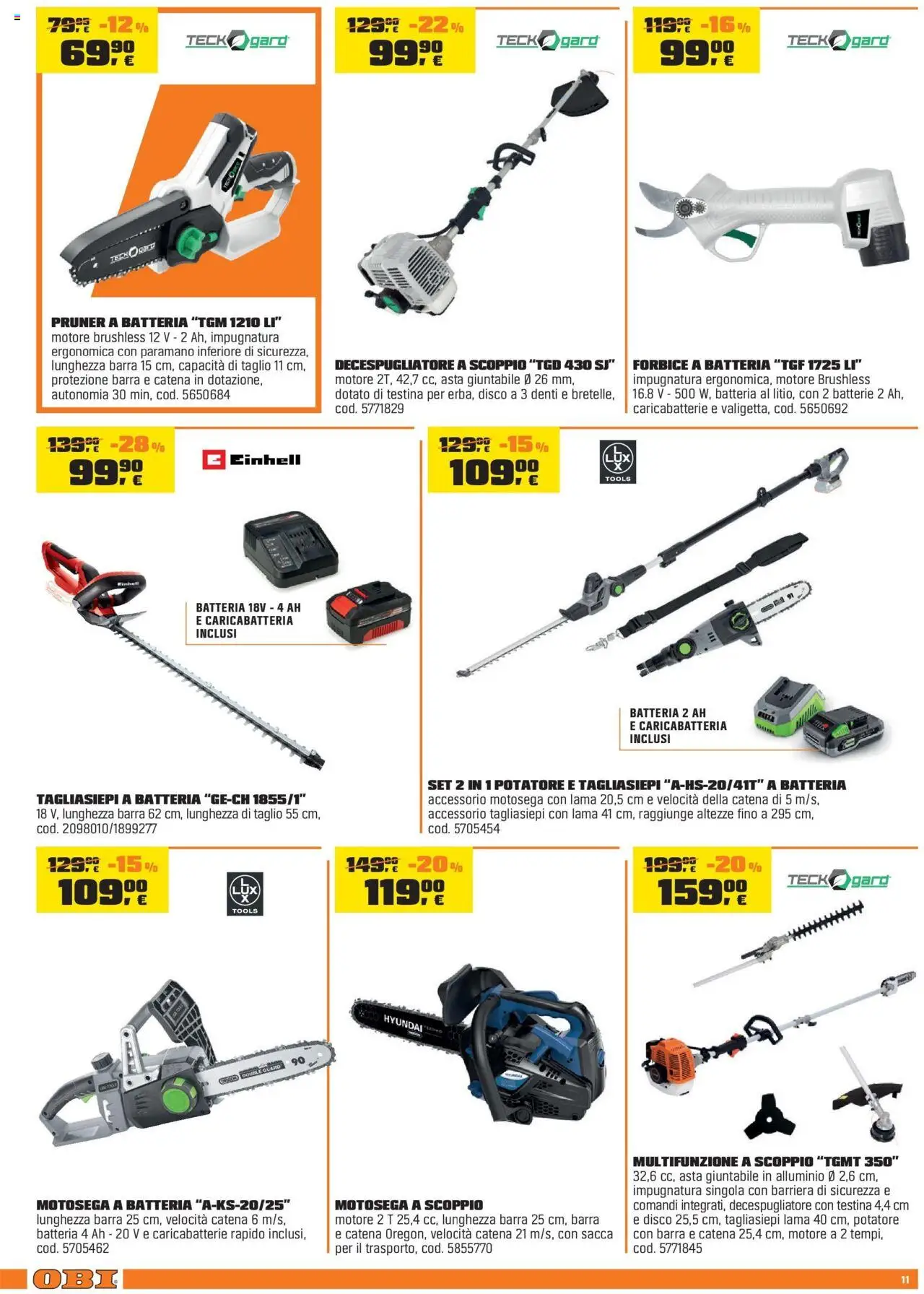 Volantino OBI del 16.10.2025 | Pagina: 11 | Prodotti: Tagliasiepi, Decespugliatore, Batteria, Batterie