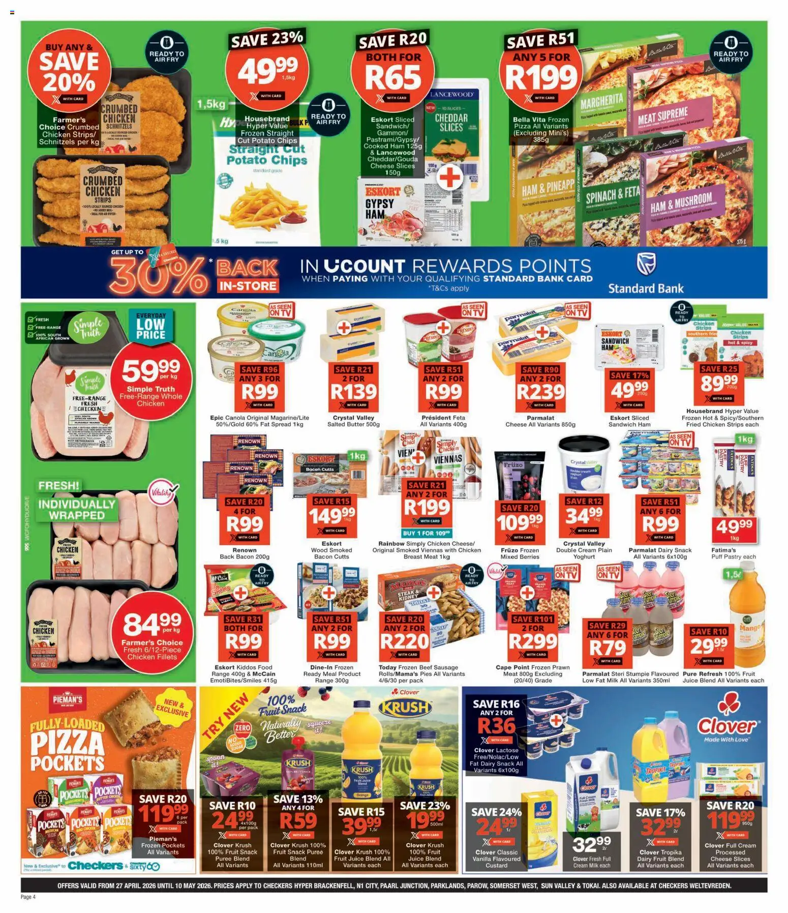 New Checkers catalogue – valid from 27.04.2026 | Page: 4 | Products: Milk, Chicken, Sugar, Bacon