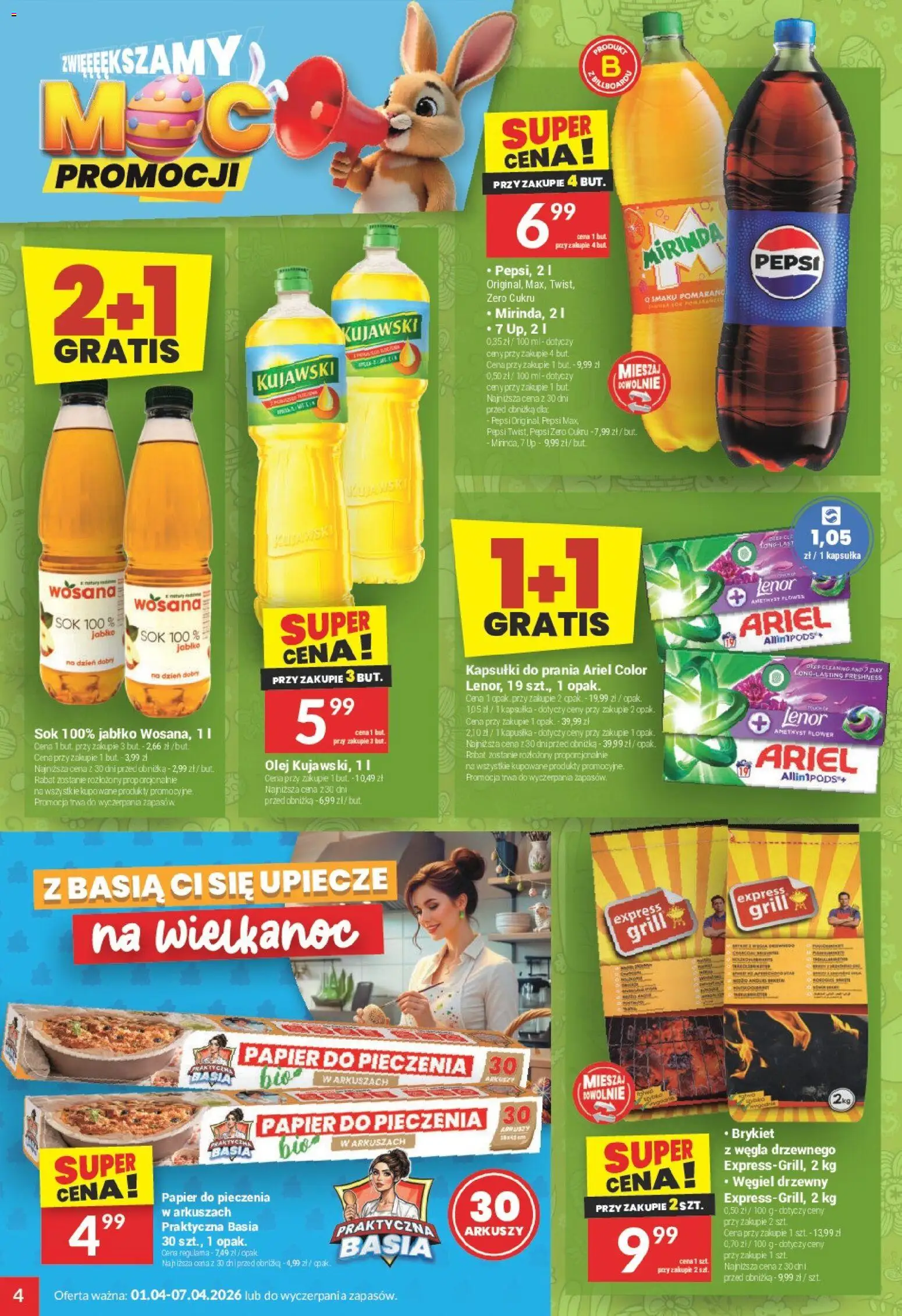 Twój Market gazetka od 01.04.2026 | Strona: 4 | Produkty: Papier do pieczenia, Ariel, Olej, Sok