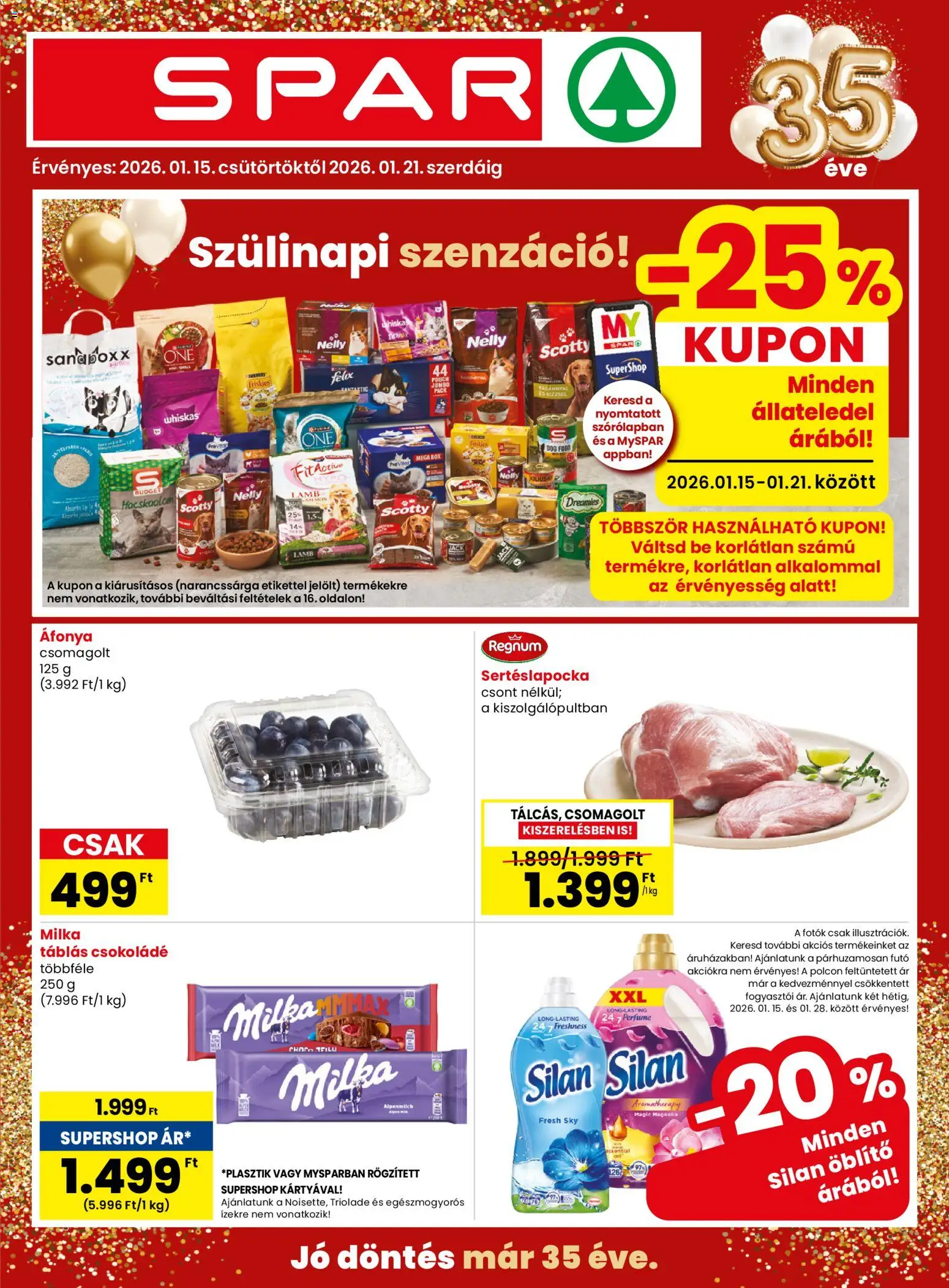 Spar akciós ujság - amely érvényes a következő dátumtól: 15.01.2026 | Oldal: 1 | Termékek: Áfonya, Sertéslapocka, Whiskas, Csokoládé