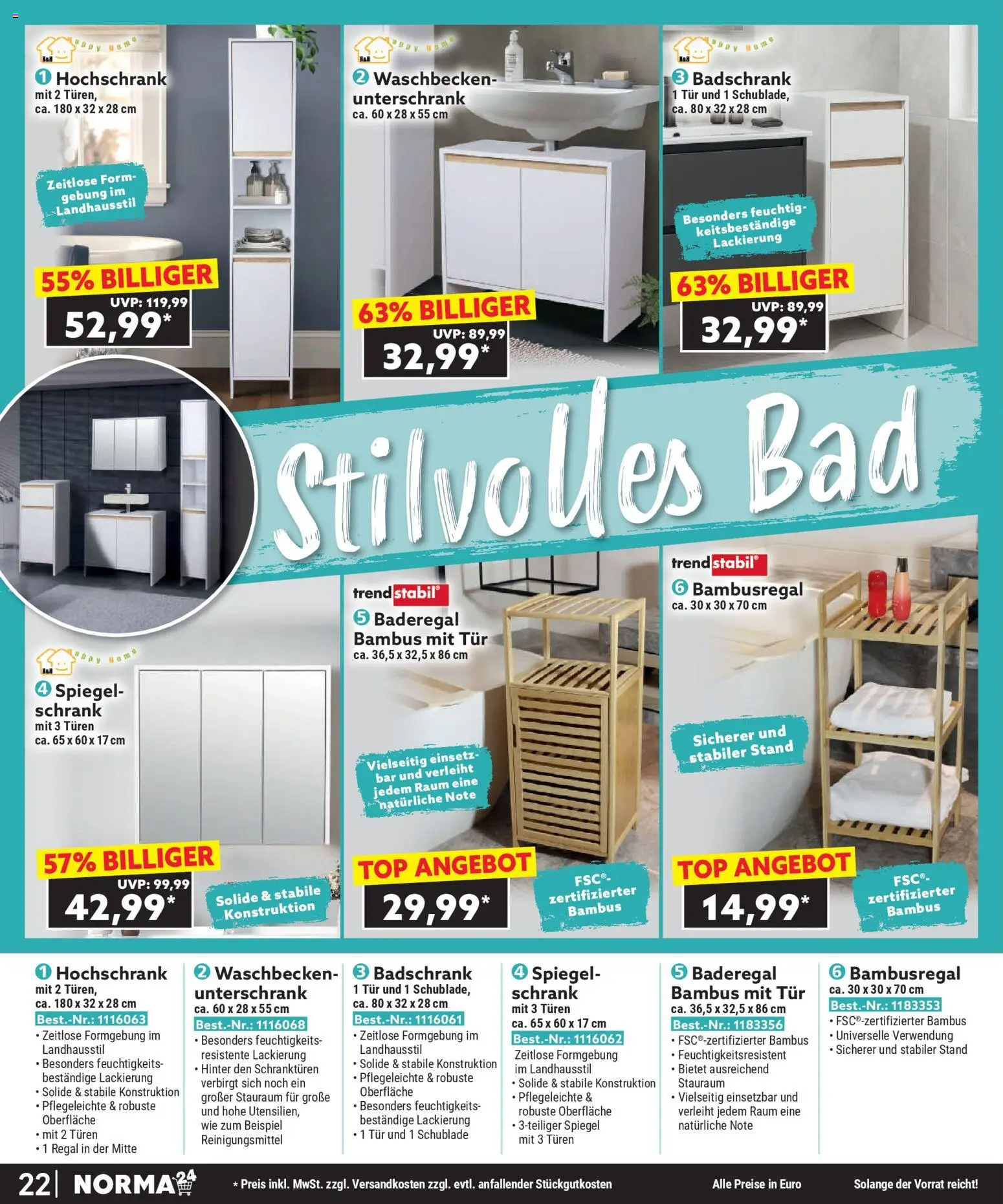 Norma Bestellmagazin Januar 2026 – gültig ab 01.01.2026 | Seite: 22 | Produkte: Schrank, Bad, Spiegel, Tür