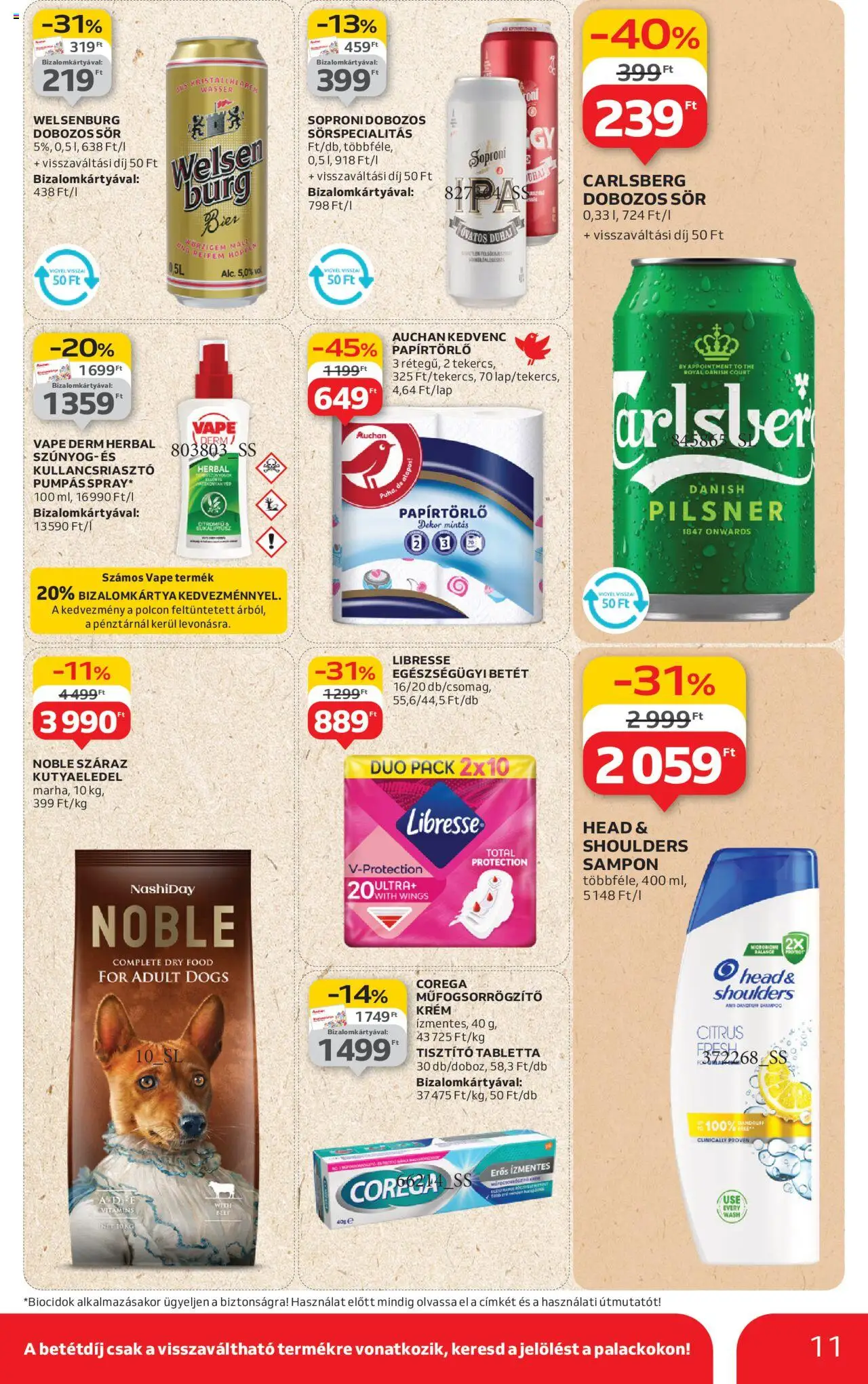 Auchan akciós ujság - amely érvényes a következő dátumtól: 07.08.2025 | Oldal: 11 | Termékek: Papírtörlő, Kutyaeledel, Kullancsriasztó, Sampon