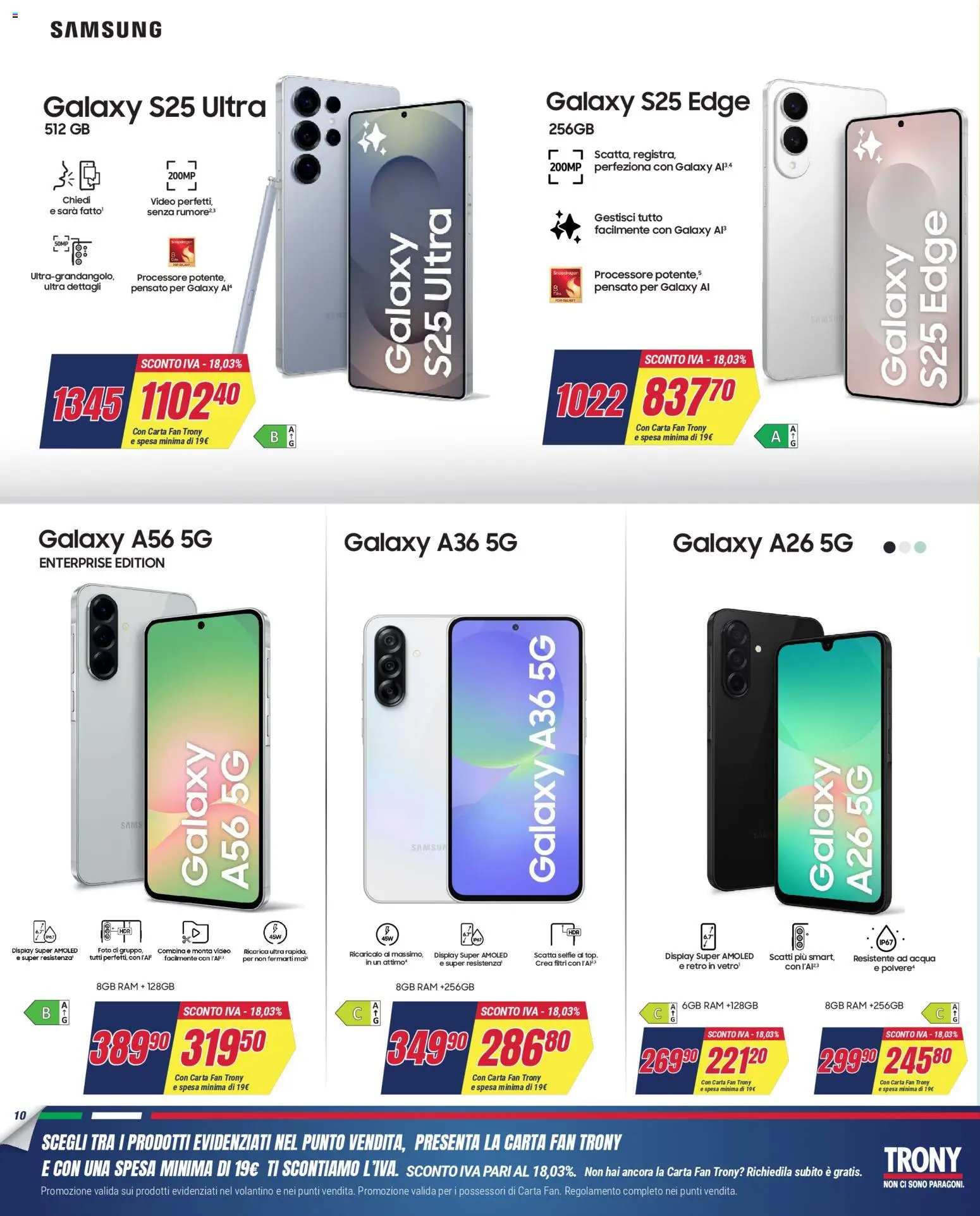 Volantino Trony del 02.04.2026 | Pagina: 10 | Prodotti: Samsung Galaxy, Acqua, Video, Fan