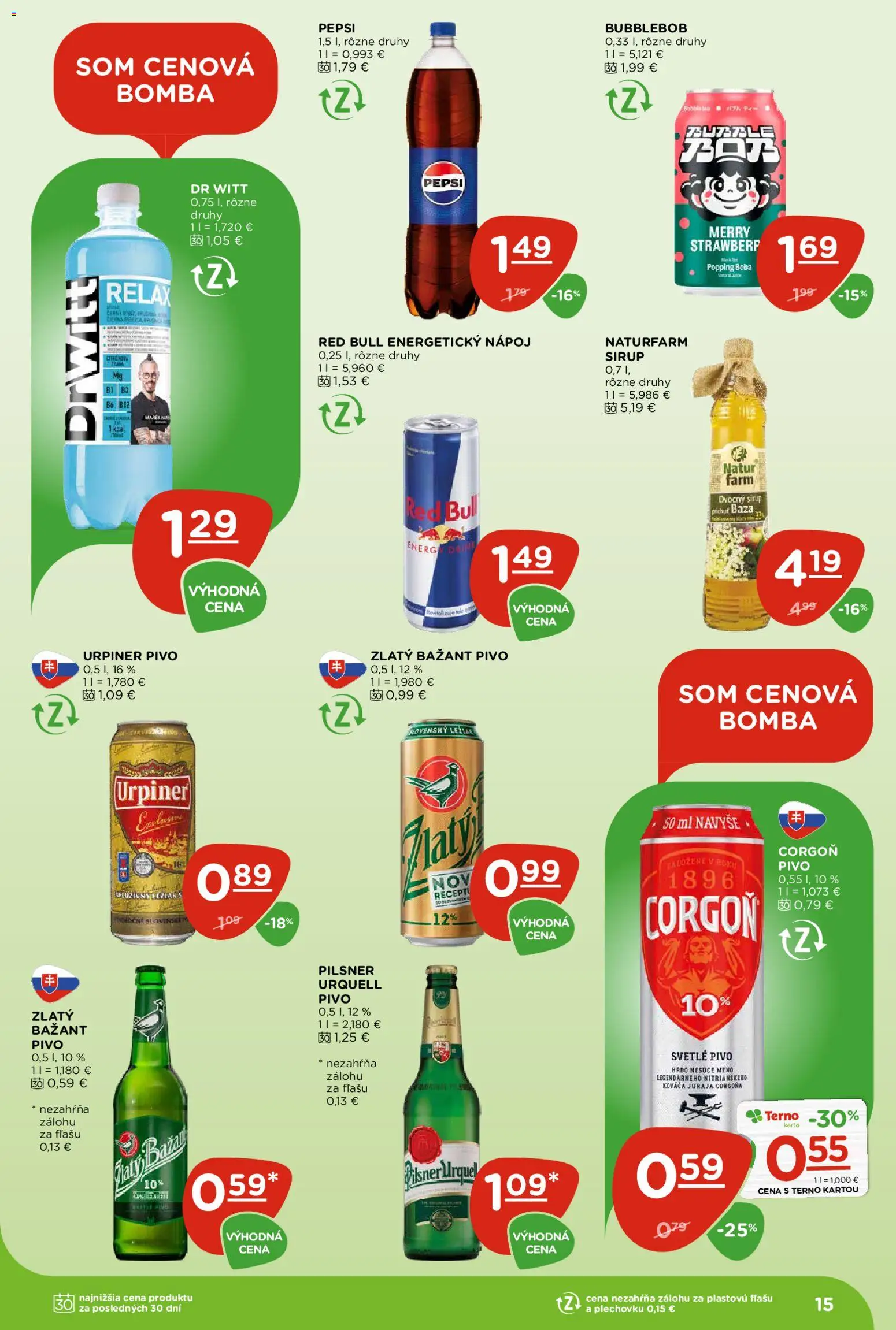 Nové Terno akcie – leták je platný od 09.04.2026 | Strana: 15 | Produkty: Pivo, Red Bull, Zlatý Bažant, Pepsi