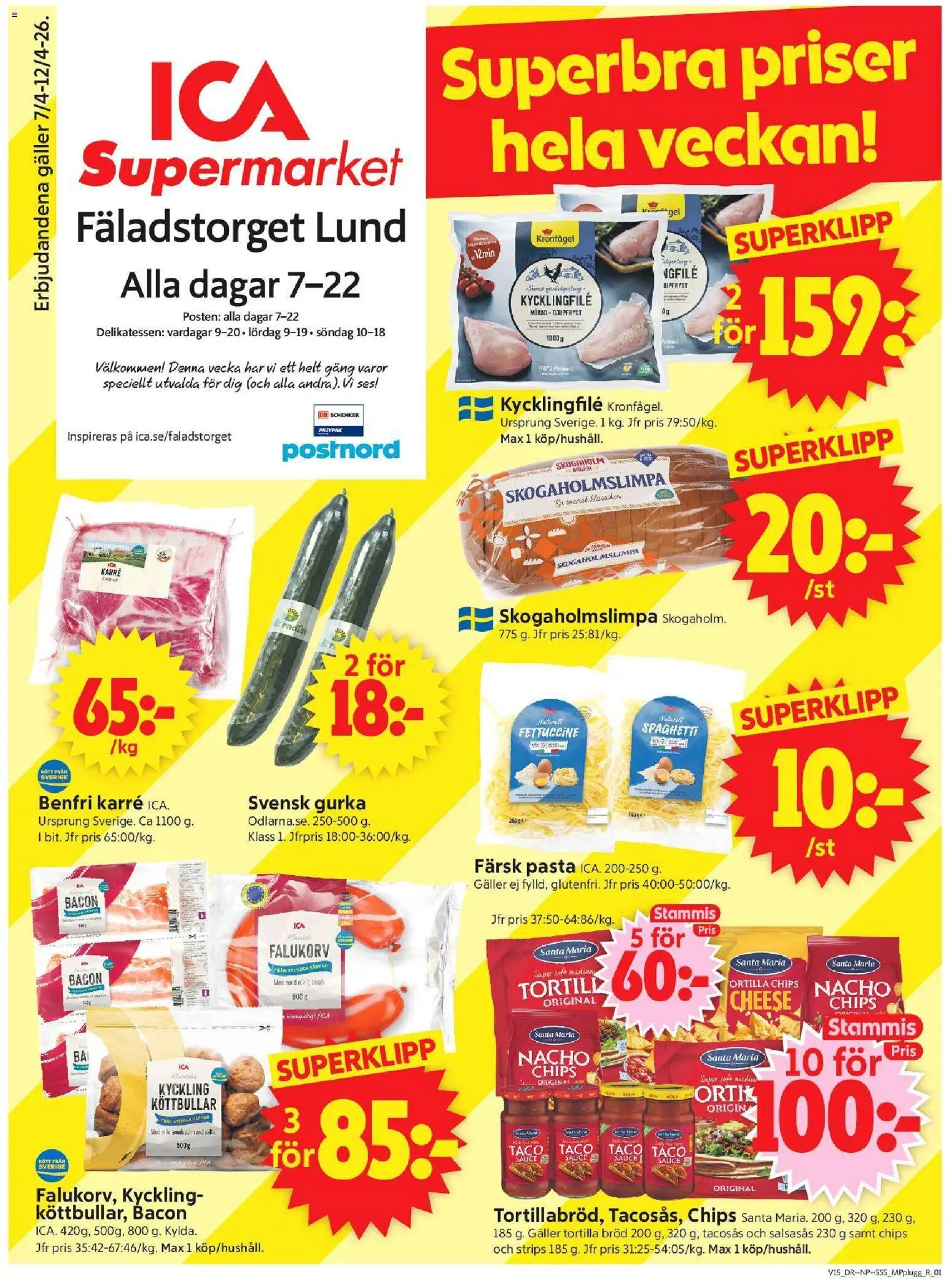 ICA Supermarket reklamblad aktuell från 06.04.2026 | Sida: 1 | Produkter: Tortilla, Tacosås, Bacon, Gurka