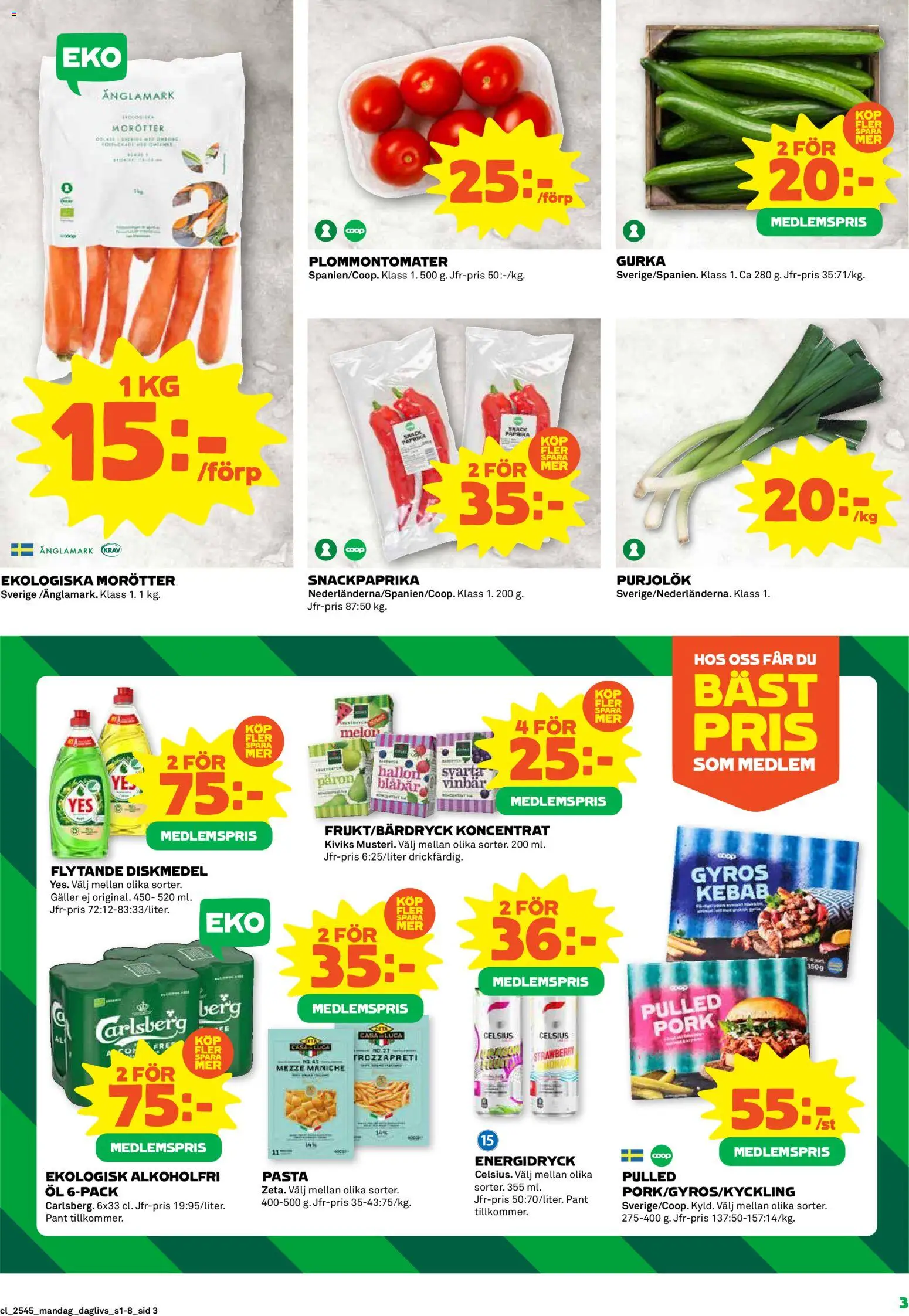 Coop Daglivs reklamblad aktuell från 03.11.2025 | Sida: 3 | Produkter: Diskmedel, Energidryck, Pasta, Gurka
