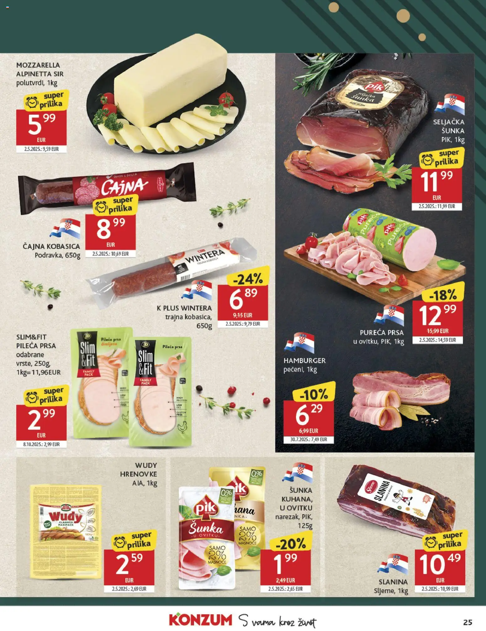 Konzum katalog | vrijedi od 27.12.2025 | Stranica: 25 | Proizvodi: Hrenovke, Kobasica, Hamburger, Pileća prsa