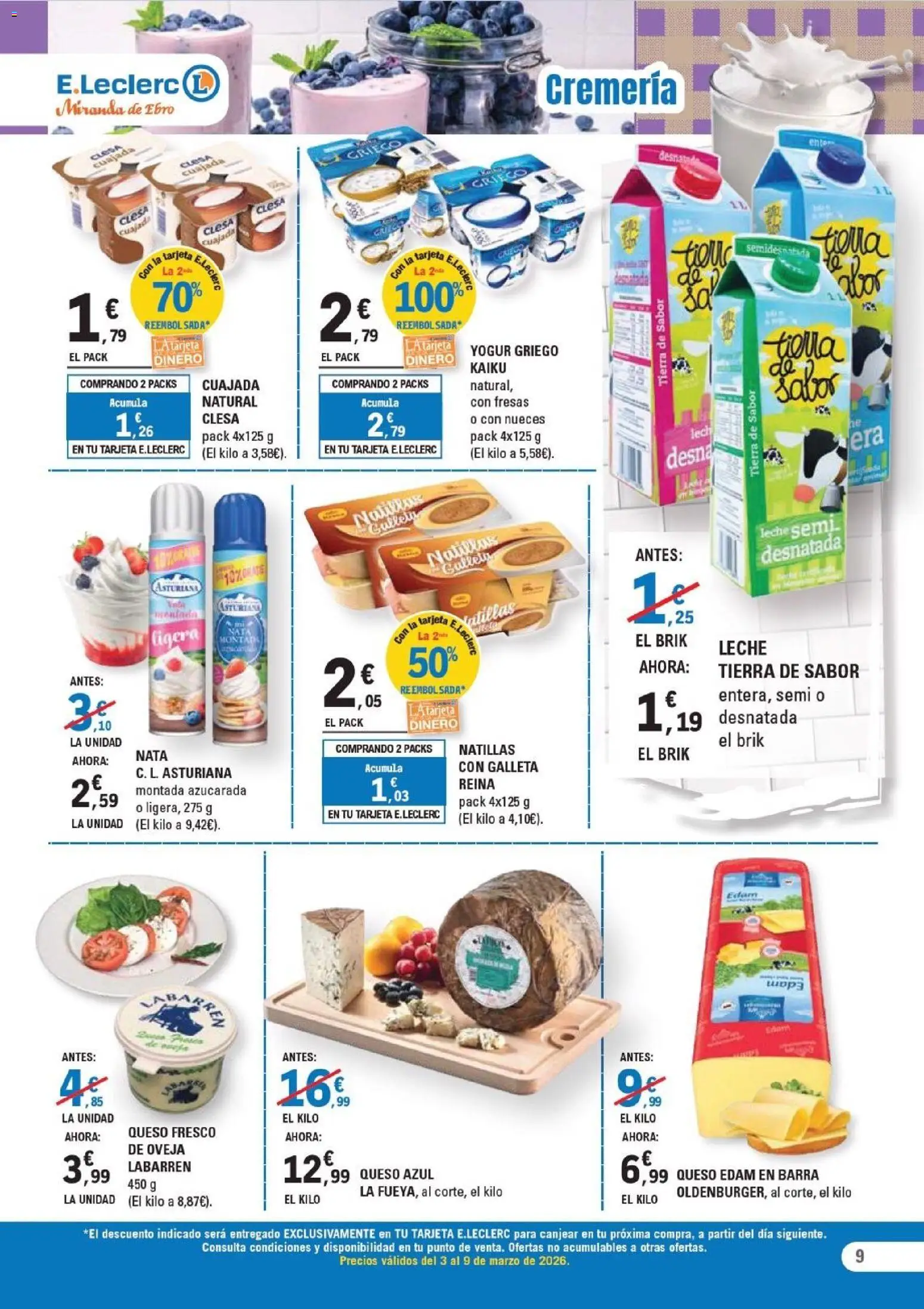 E.Leclerc - Miranda de Ebro │ válido desde el 03.03.2026 | Página: 9 | Productos: Leche, Queso, Yogur, Fresas