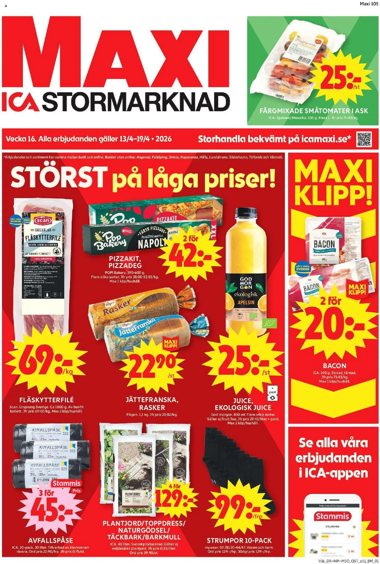 ICA Maxi reklamblad aktuell från 13.04.2026 | Sida: 1 | Produkter: Ost, Juice, Pizzakit, Apelsin