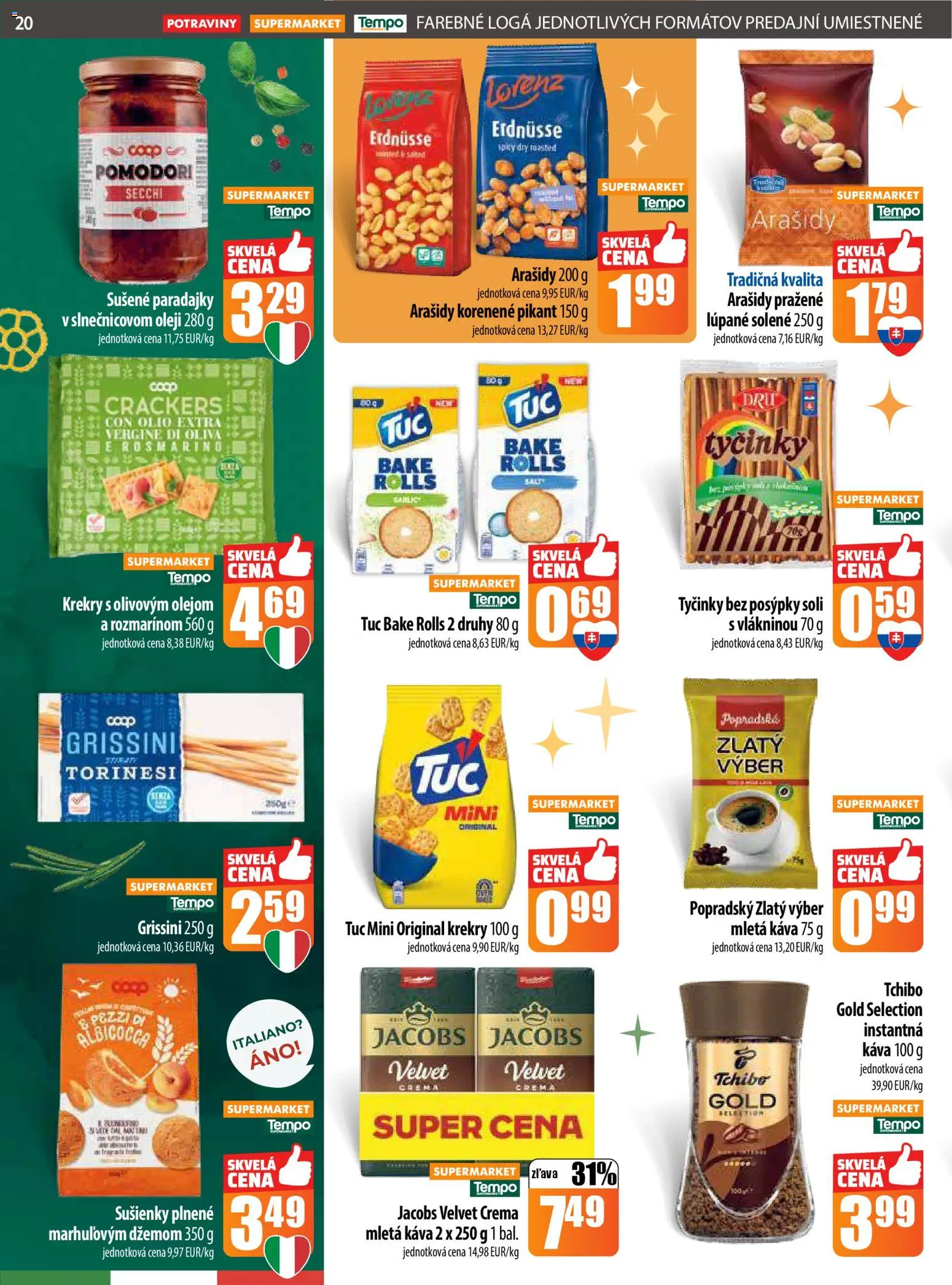 Nové COOP Jednota akcie – leták je platný od 22.12.2025 | Strana: 20 | Produkty: Jacobs Velvet, Káva, Paradajky, Arašidy