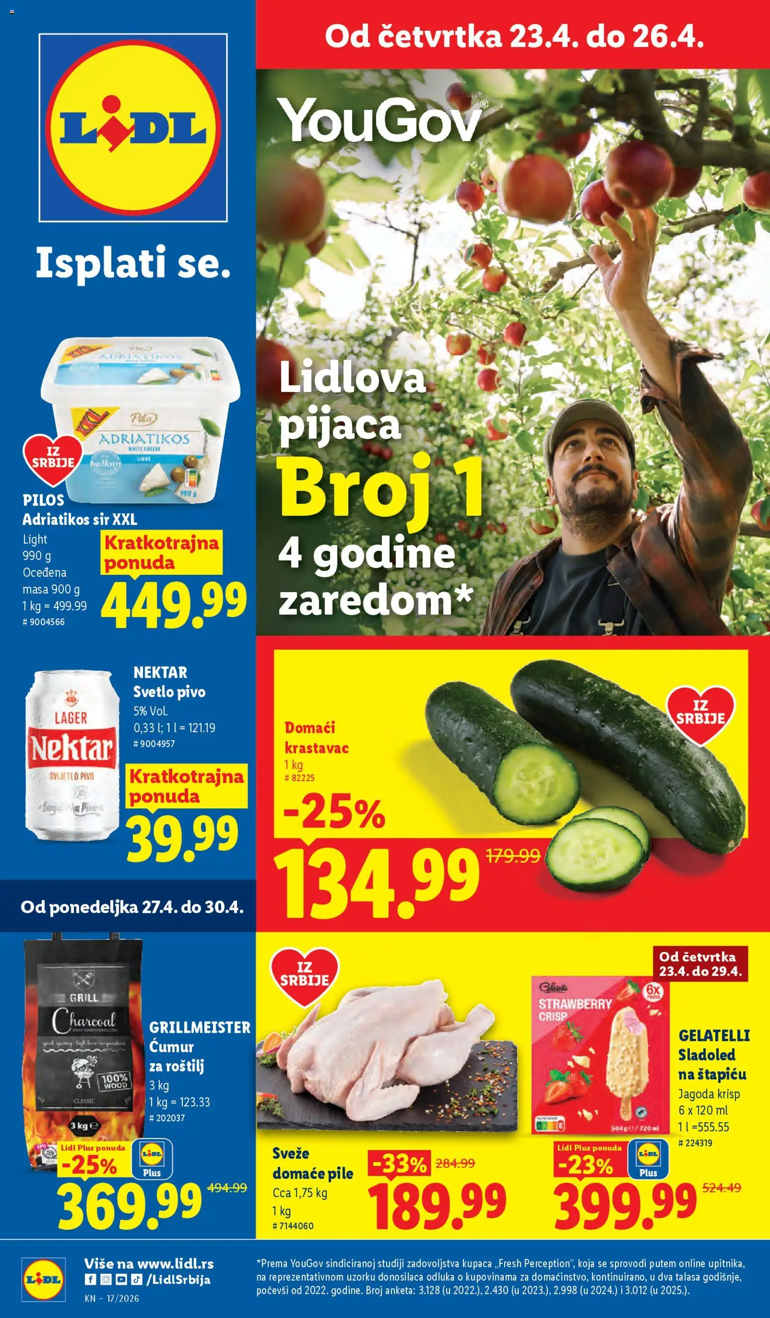 Lidl katalog - važi od 23.04.2026 | Strana: 1 | Proizvode: Sladoled, Ćumur za roštilj, Pivo, Roštilj