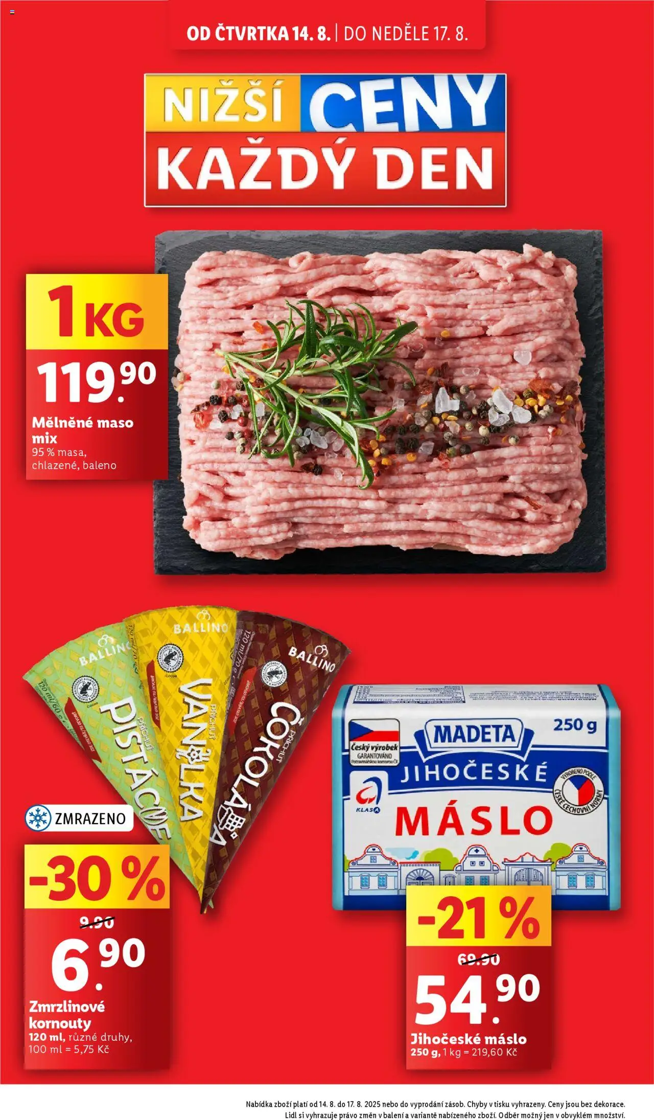 Lidl leták od 14.08.2025 | Strana: 2 | Produkty: Máslo, Zmrzlinové kornouty, Maso, Jihočeské máslo