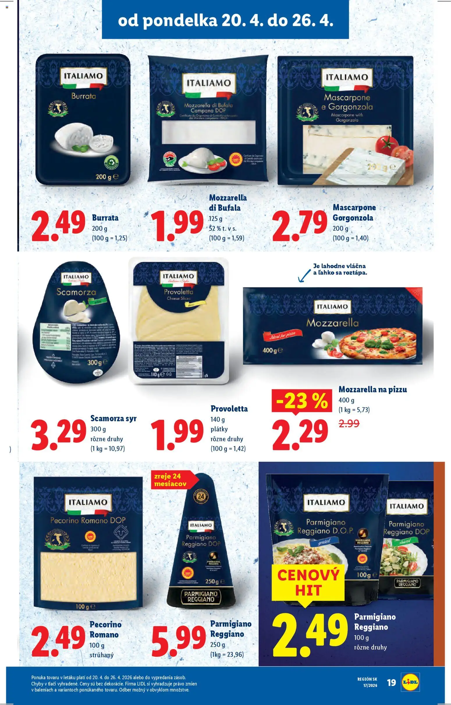 Nové Lidl akcie – leták je platný od 20.04.2026 | Strana: 19 | Produkty: Syr, Mozzarella, Mascarpone