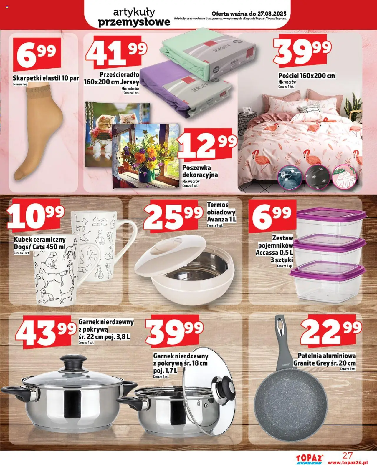 Topaz Gazetka - Express od 21.08.2025 | Strona: 27 | Produkty: Skarpetki, Garnek, Artykuły przemysłowe, Patelnia