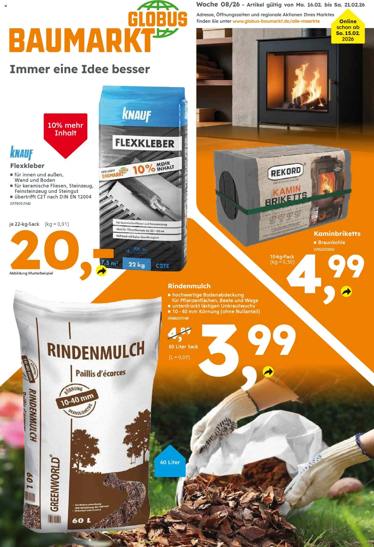 Globus Baumarkt prospekt Dietzenbach	 – gültig ab 16.02.2026 | Seite: 1 | Produkte: Rindenmulch, Kamin