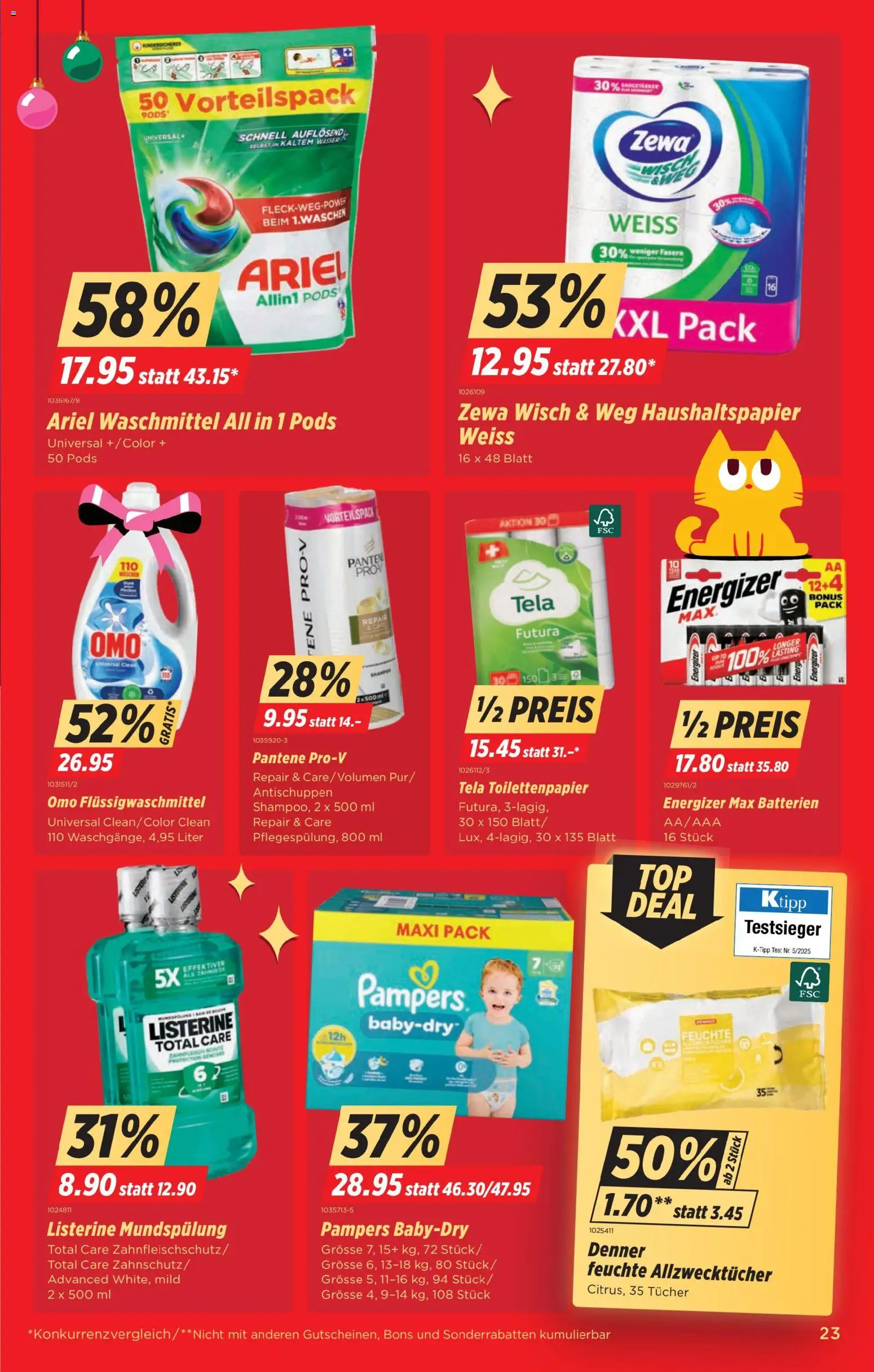 Denner Aktionen – gültig ab 09.12.2025 | Seite: 23 | Produkte: Shampoo, Waschmittel, Wasser, Toilettenpapier