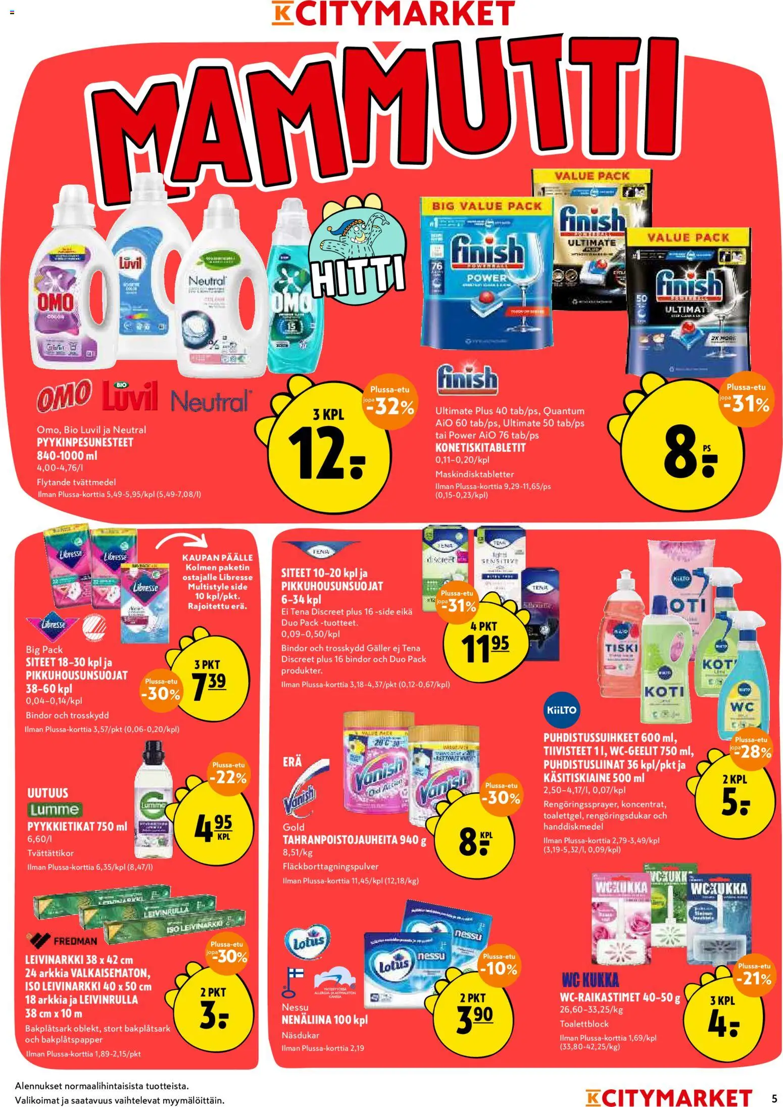 K-Citymarket tarjoukset – voimassa 12.03.2026 alkaen | Sivu: 5 | Tuotteet: Nenäliina, Puhdistusliinat, Siteet, WC
