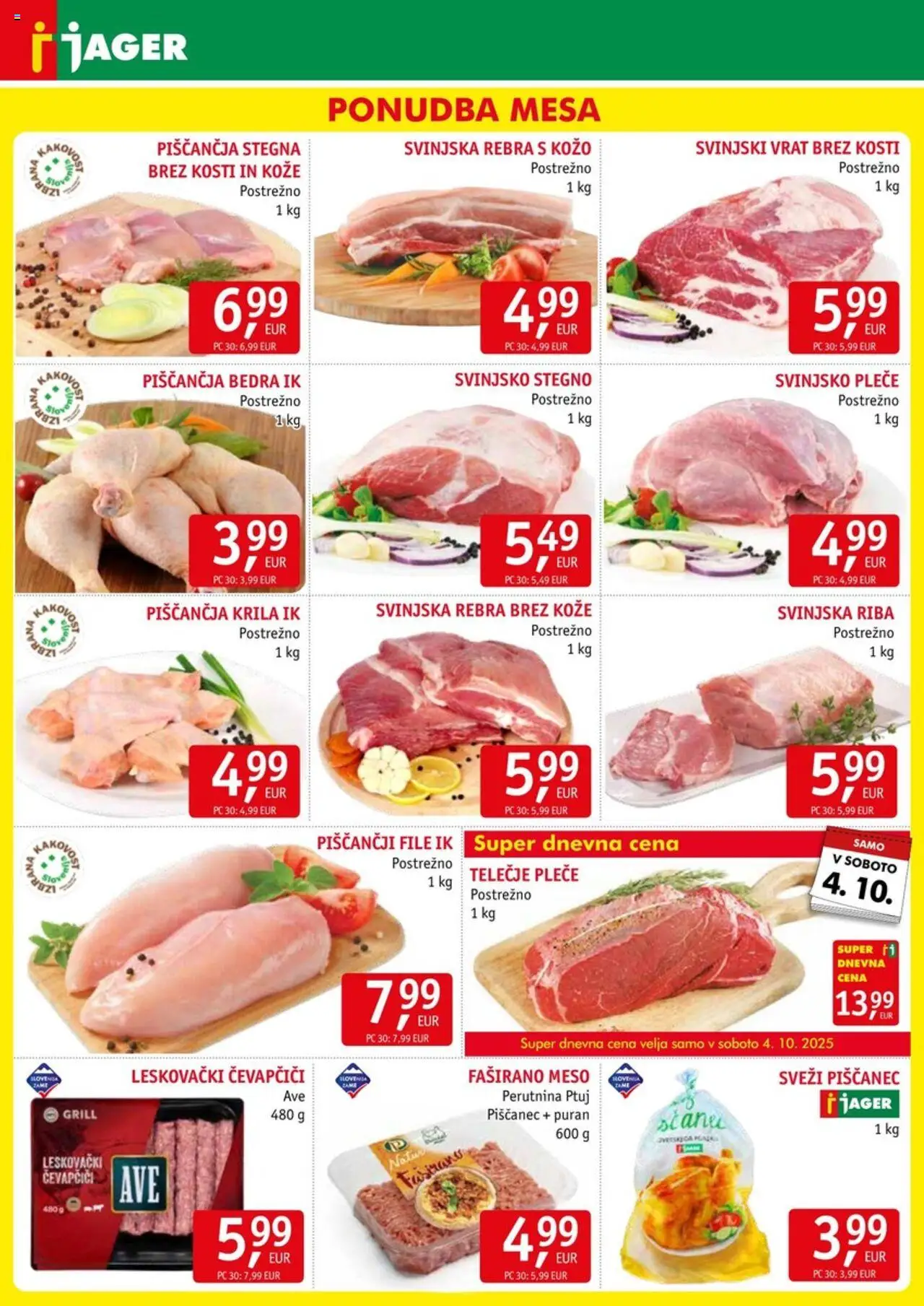 Novi Jager katalog ponudbe – veljaven od 01.10.2025 | Stran: 3 | Izdelki: Čevapčiči, Piščančja krila, Riba, Grill