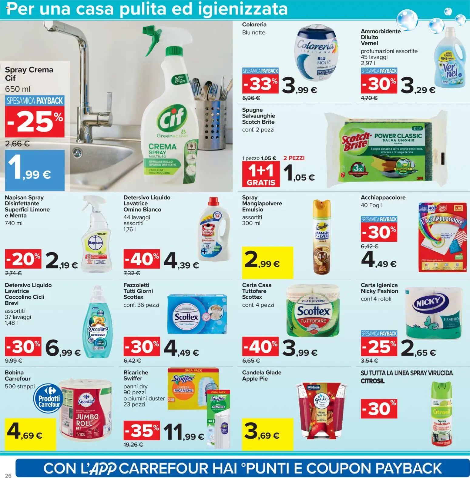 Volantino Carrefour del 17.11.2025 | Pagina: 26 | Prodotti: Spray disinfettante, Ammorbidente, Fazzoletti, Limone