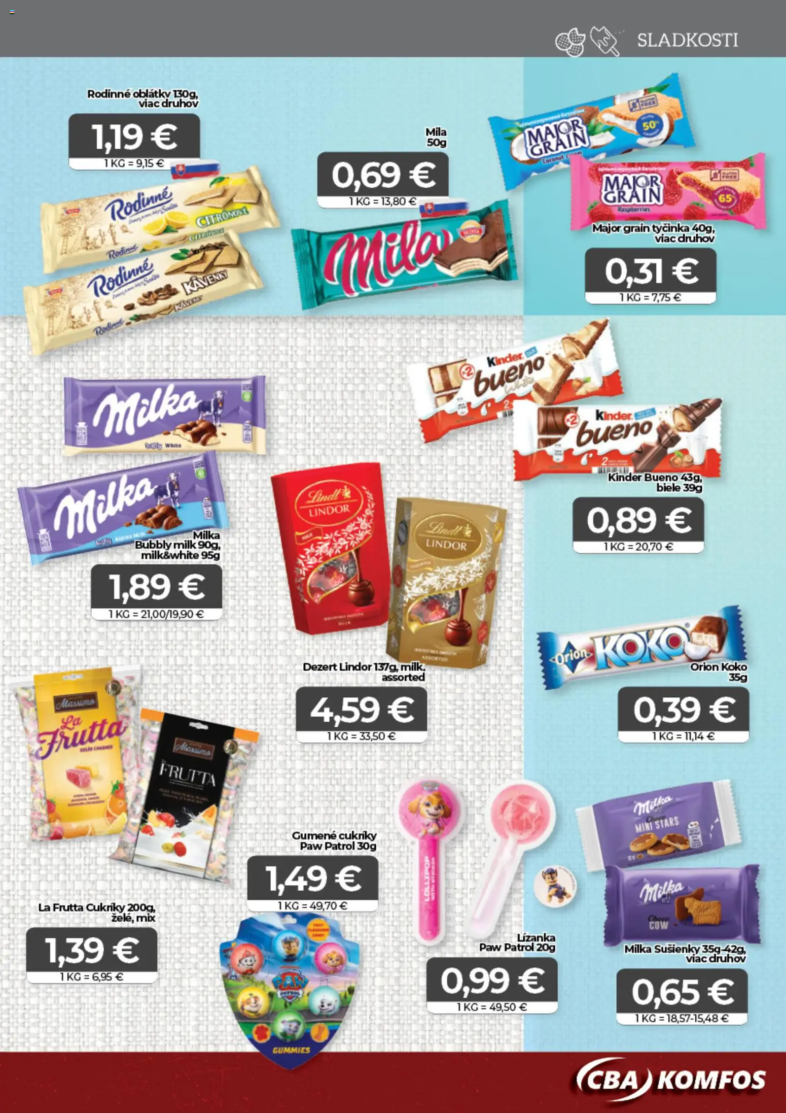 Nové CBA Komfos akcie – leták je platný od 23.01.2026 | Strana: 11 | Produkty: Lindt, Kinder, Kinder Bueno, Cukríky