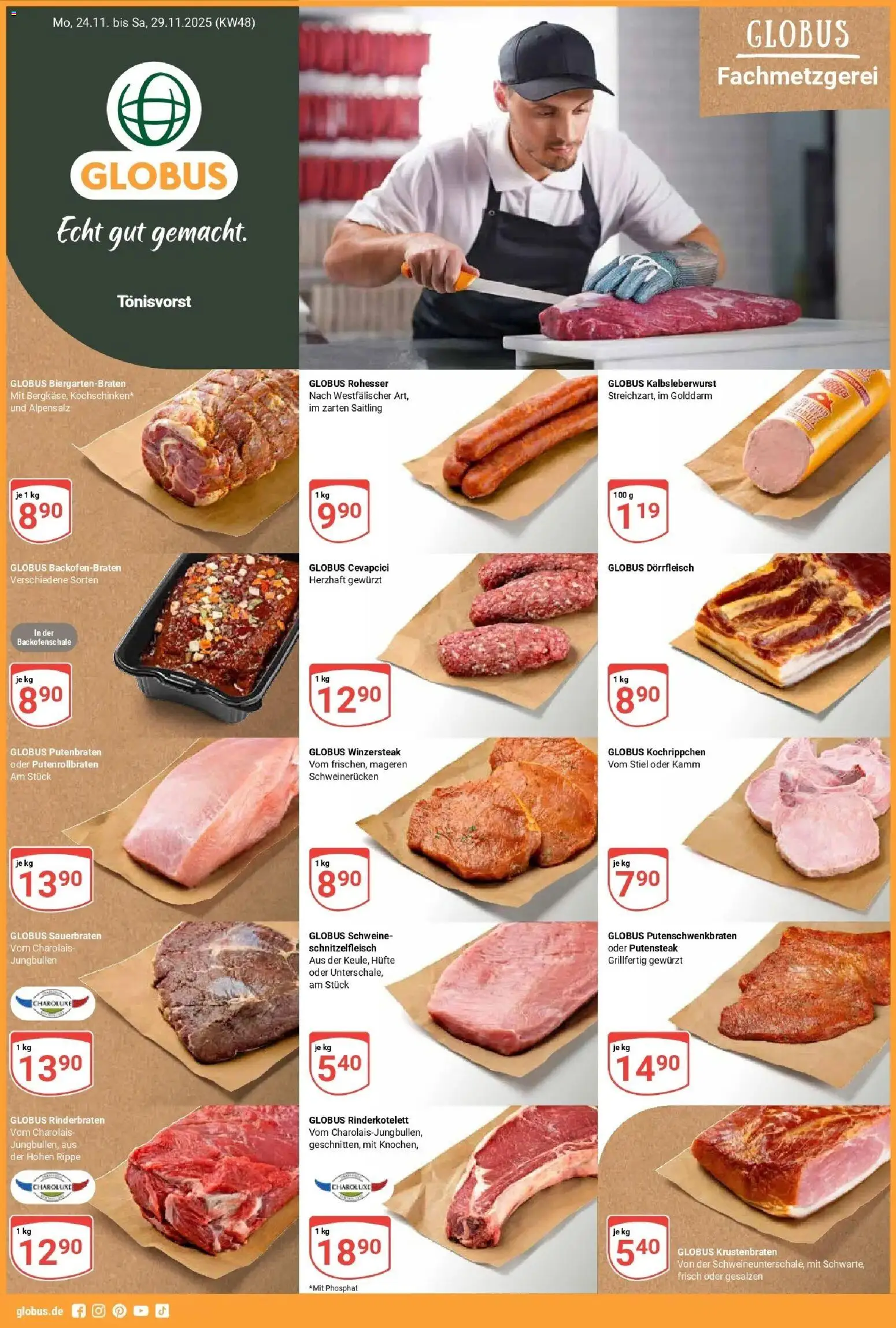 Globus prospekt Tönisvorst	 – gültig ab 23.11.2025 | Seite: 1 | Produkte: Rinderbraten, Cevapcici, Krustenbraten, Schweinerucken