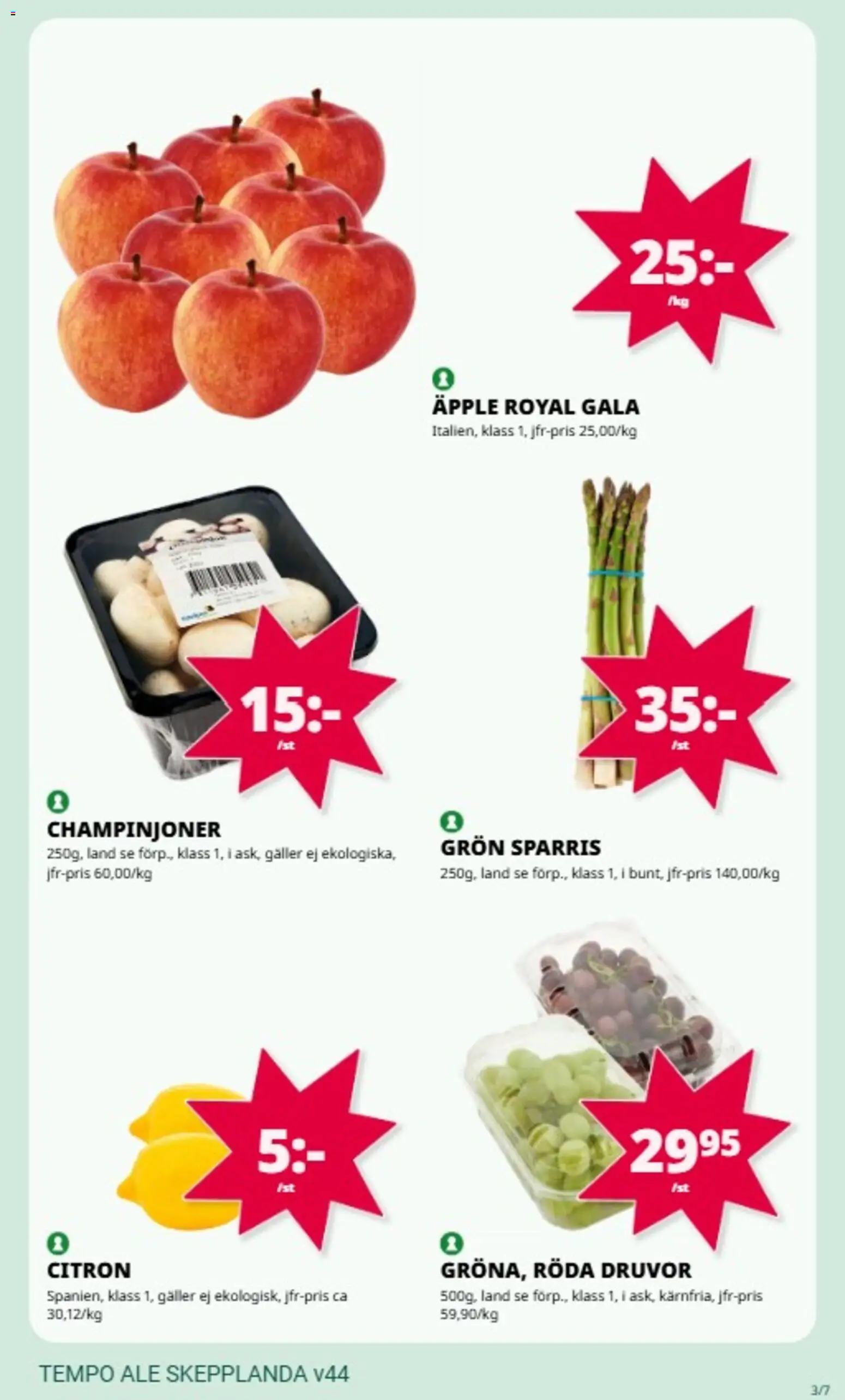 Tempo reklamblad aktuell från 27.10.2025 | Sida: 3 | Produkter: Champinjoner, Äpple, Sparris, Citron