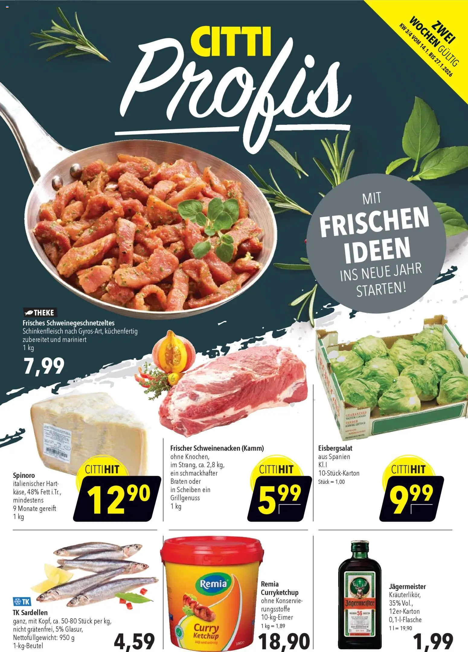 CITTI Markt Aktuelle Angebote für Profis – gültig ab 14.01.2026 | Seite: 1 | Produkte: Schweinenacken, Eisbergsalat, SUP, Jägermeister