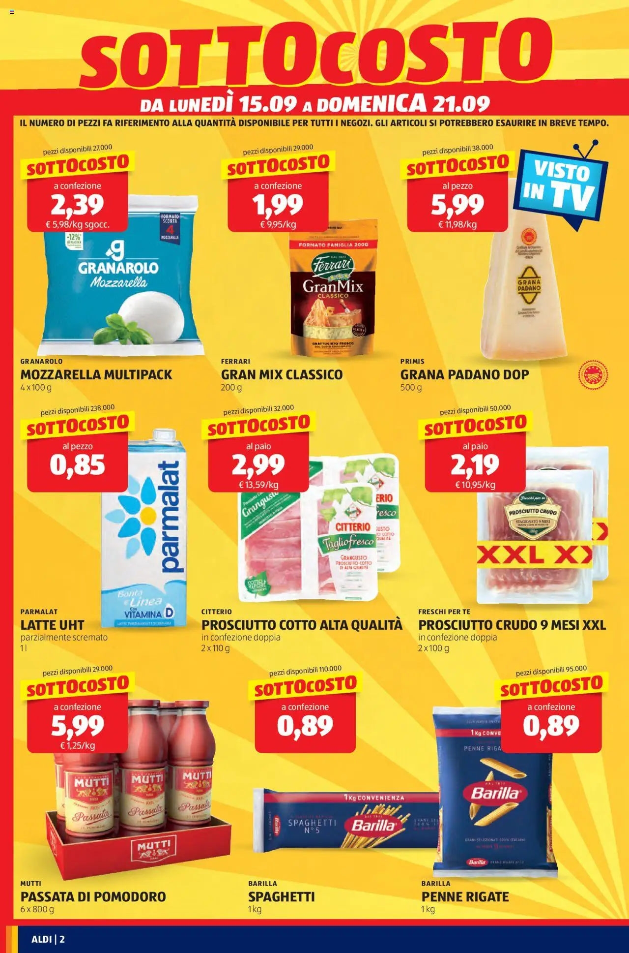 Volantino Aldi del 15.09.2025 | Pagina: 2 | Prodotti: Prosciutto Crudo, Prosciutto Cotto, Latte, Grana Padano