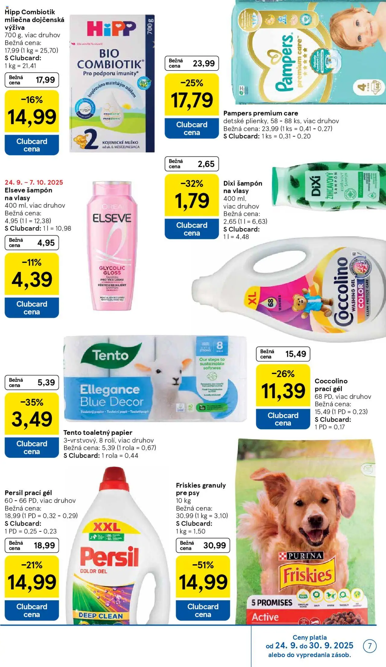 Nové Tesco akcie – leták je platný od 24.09.2025 | Strana: 7 | Produkty: Friskies, Pampers Premium Care, Šampón, Toaletný papier