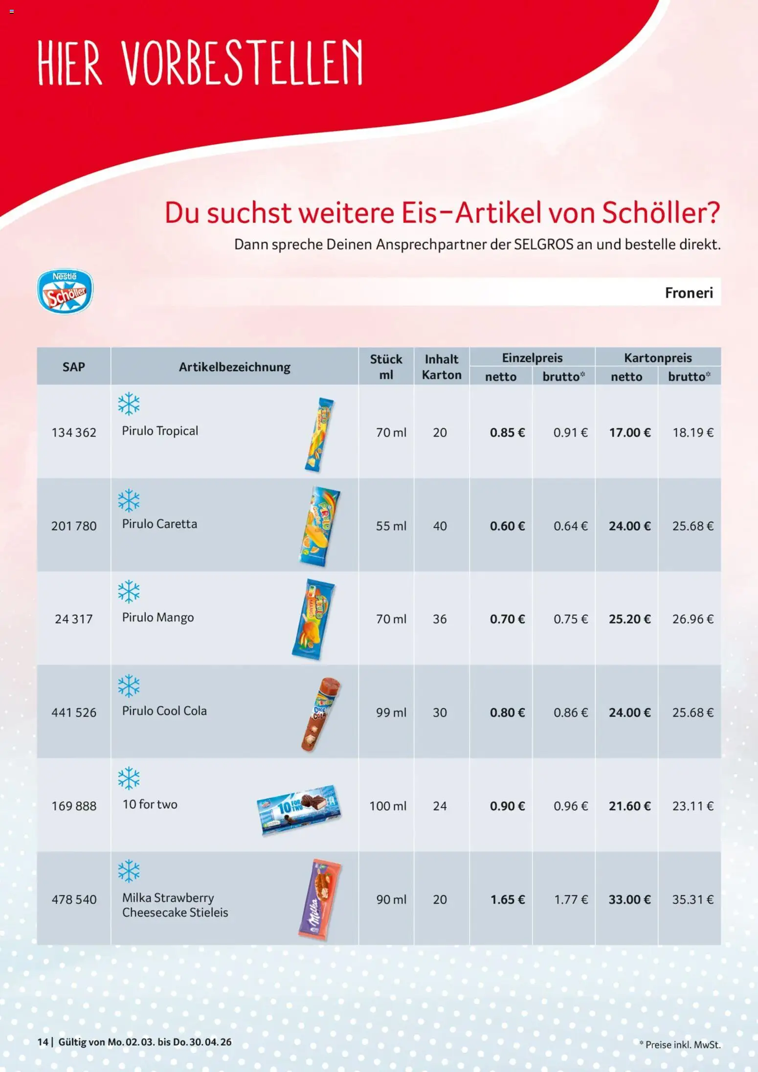 Selgros Sortiments-Katalog Impulseis – gültig ab 02.03.2026 | Seite: 14 | Produkte: Cola, Milka, Mango