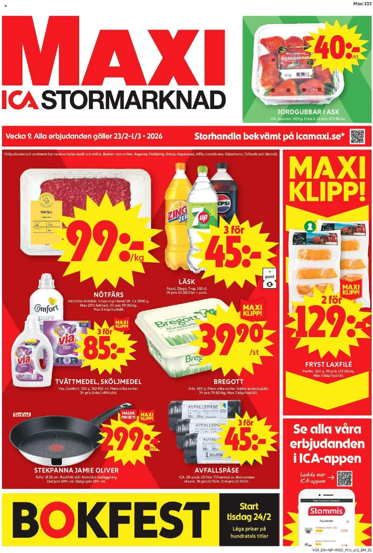 ICA Maxi reklamblad aktuell från 23.02.2026 | Sida: 1 | Produkter: Sköljmedel, Nötfärs, Bregott, Stekpanna